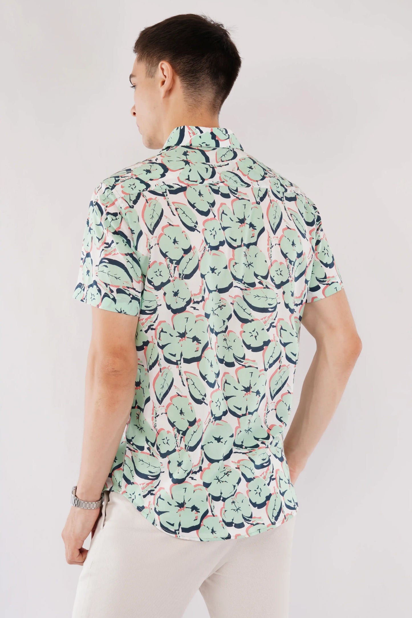 Green slim fit half sleeve printed shirt for men — Olevorr Ellis back view