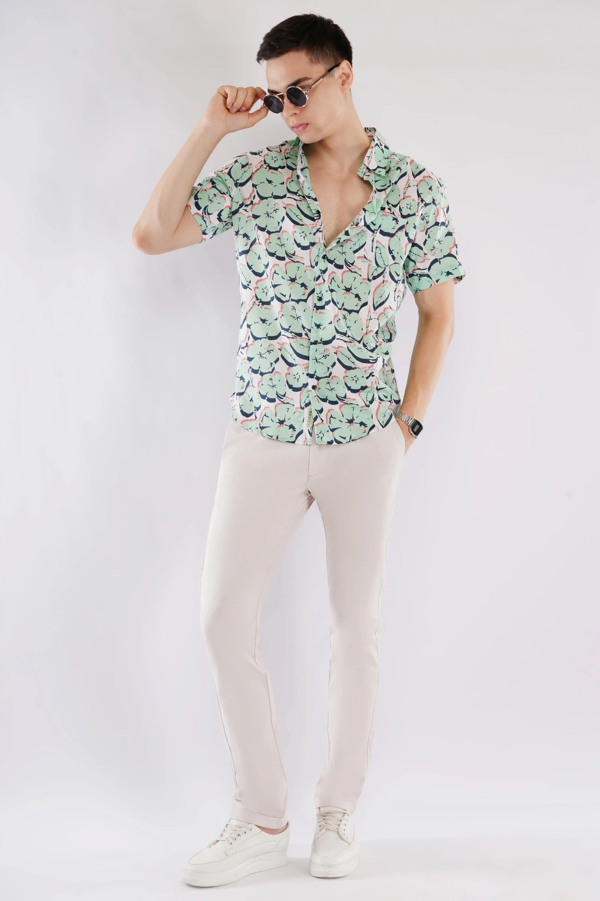 Olevorr Ellis premium green slim fit printed half sleeve shirt — styled look