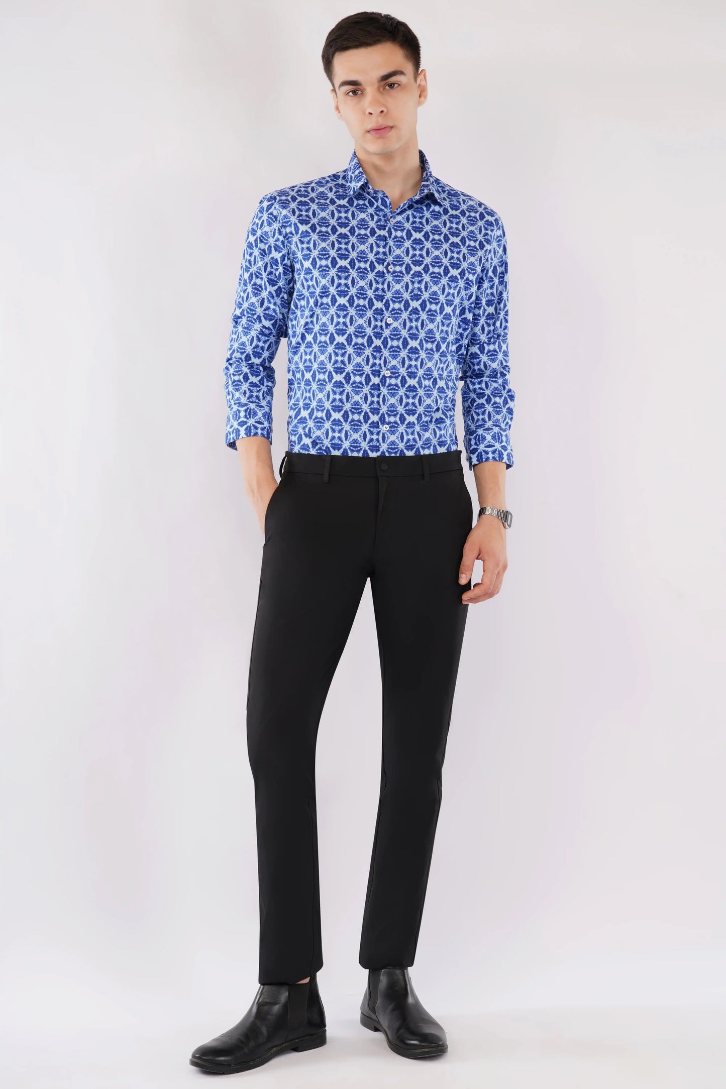 Olevorr Emrys party wear slim fit blue motif printed shirt — styled look