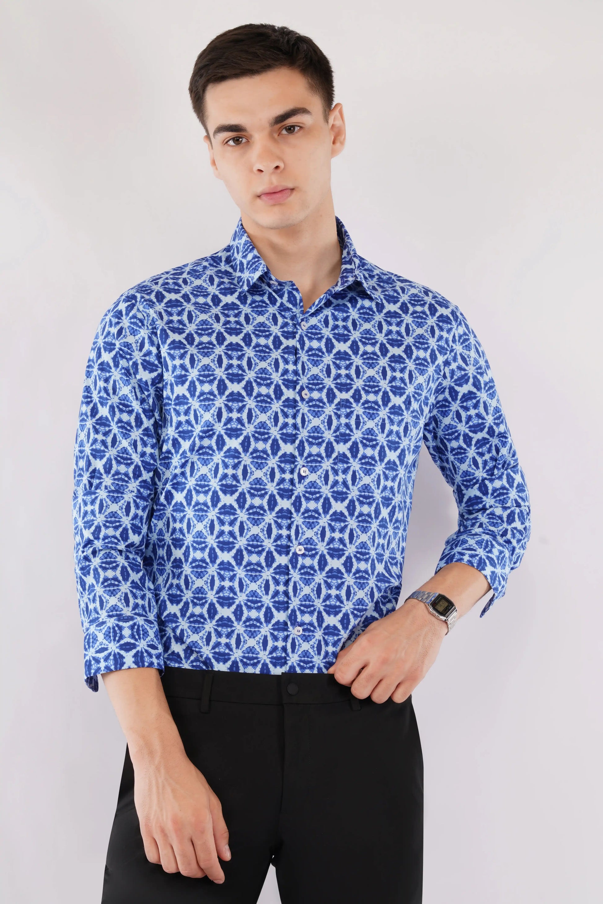 Olevorr Emrys slim fit full sleeve blue motif printed shirt — front view