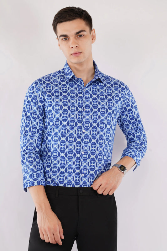 Olevorr Emrys slim fit full sleeve blue motif printed shirt — front view
