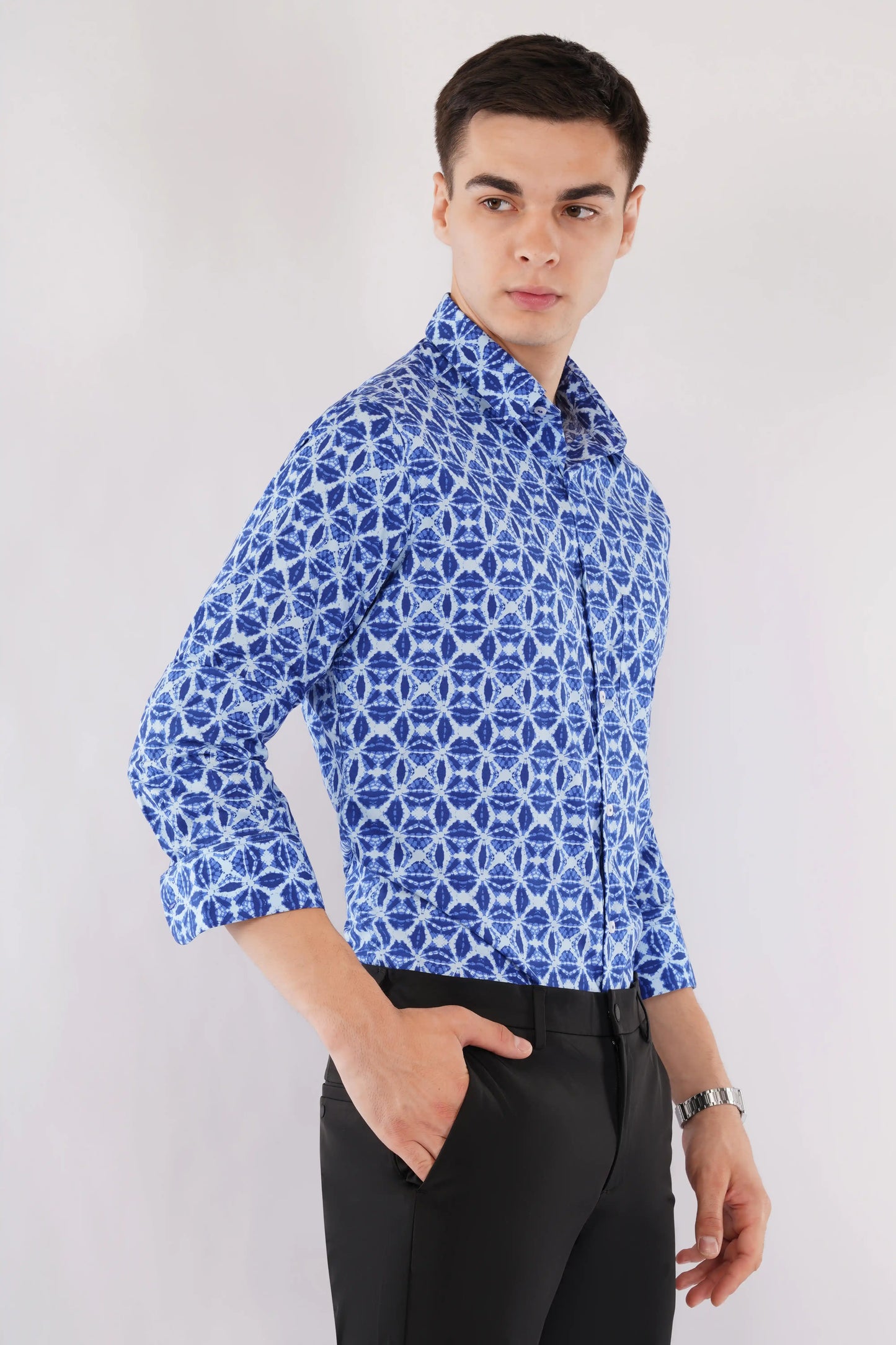 Emrys blue motif slim fit printed men’s shirt — right side
