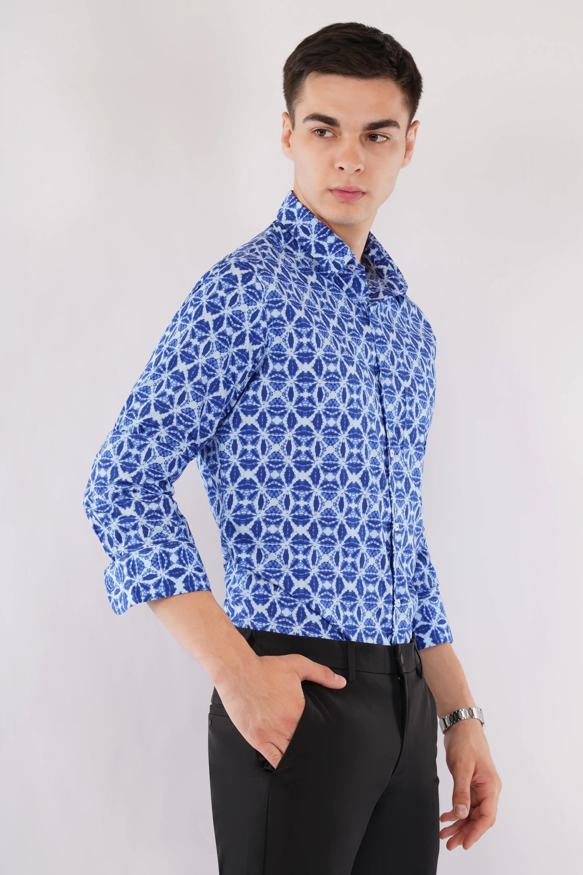 Emrys blue motif slim fit printed men’s shirt — right side