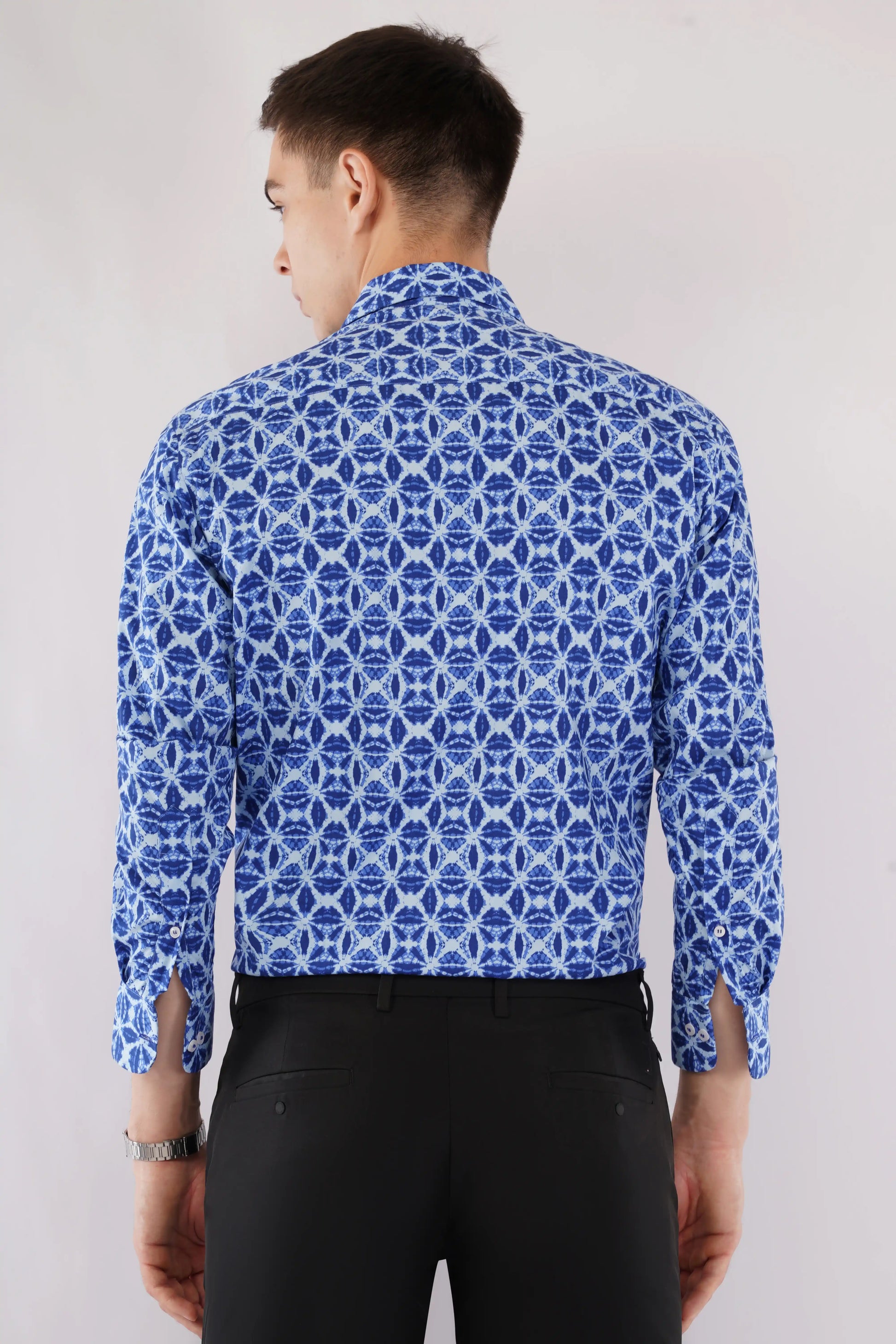 Blue motif slim fit printed full sleeve shirt for men — Olevorr Emrys back view