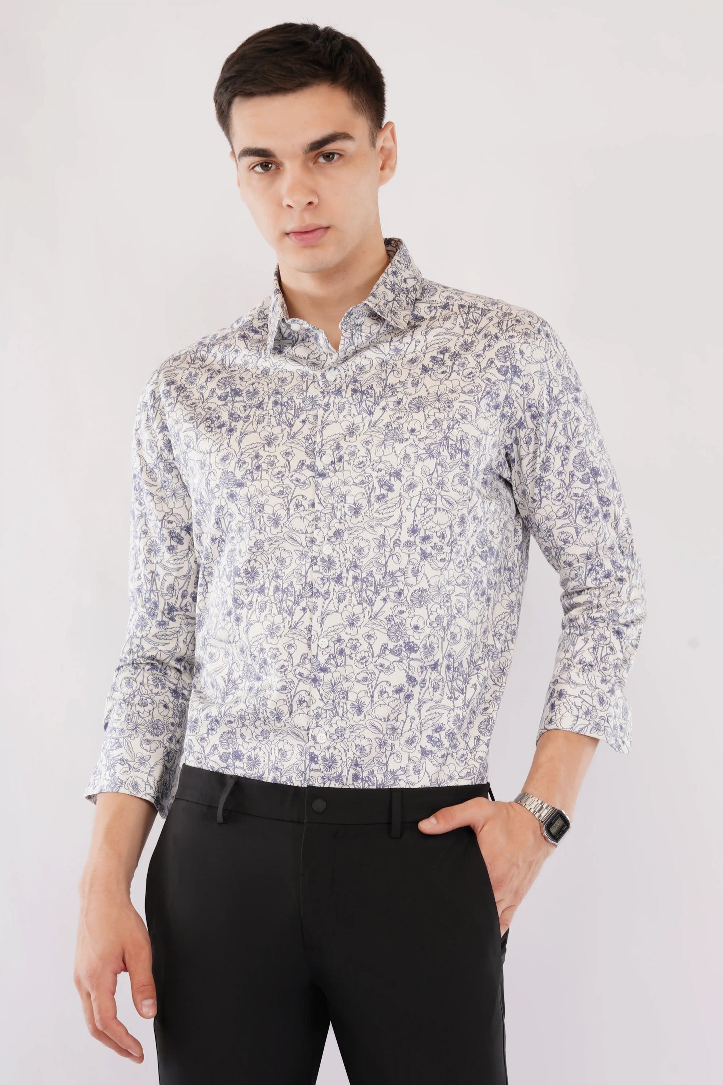 Olevorr Merrick party wear slim fit printed shirt — styled look