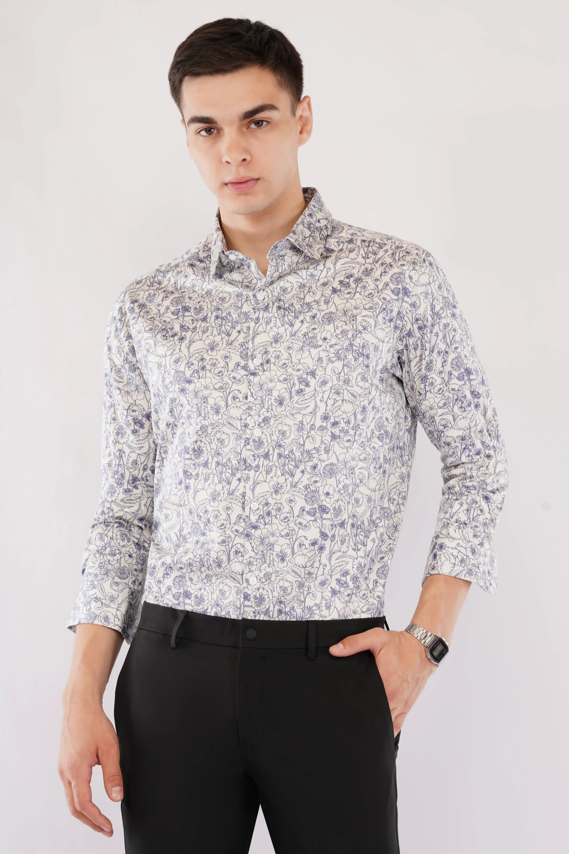 Olevorr Merrick party wear slim fit printed shirt — styled look