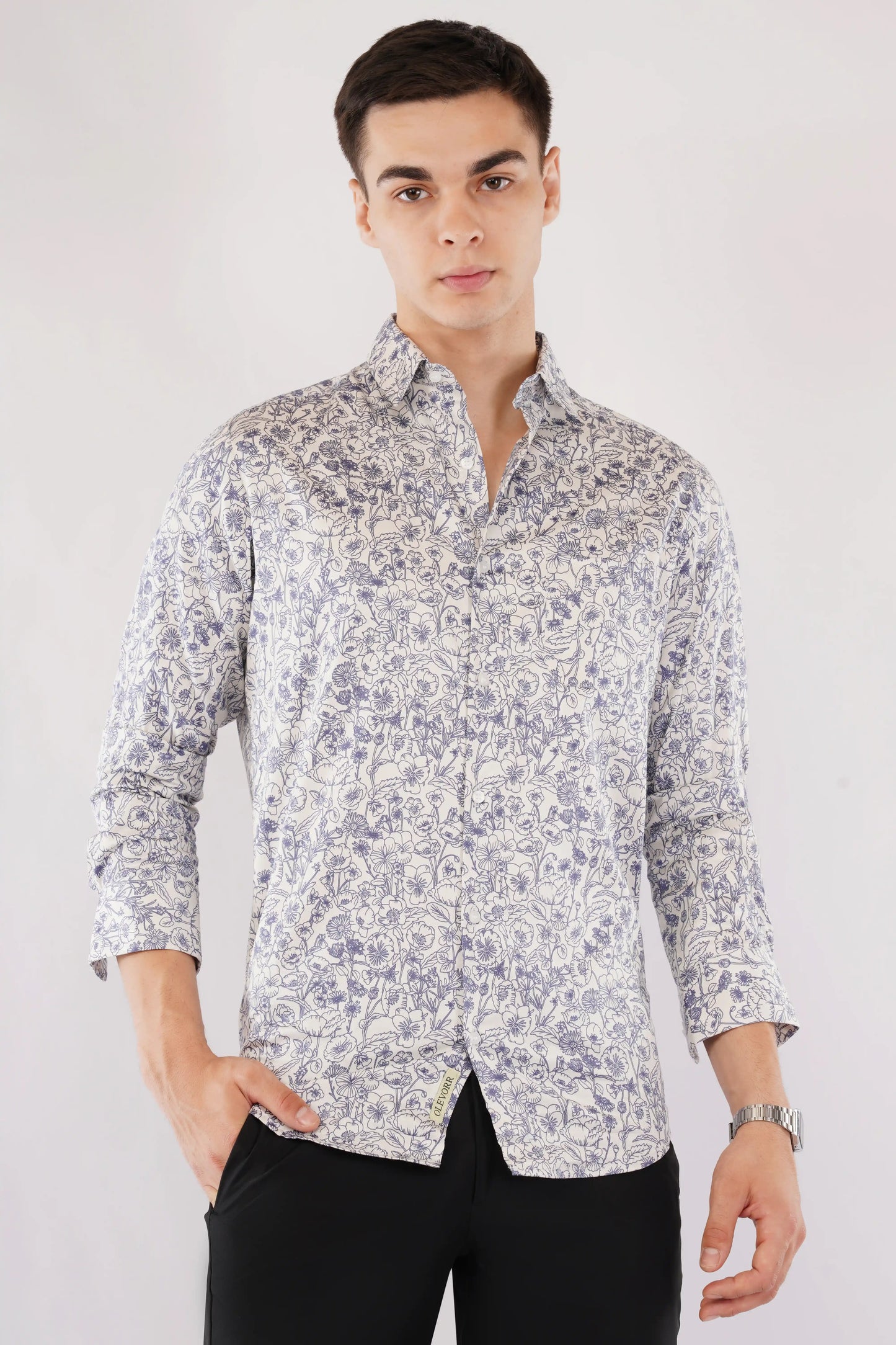 Olevorr Merrick slim fit full sleeve printed party wear shirt — front view open
