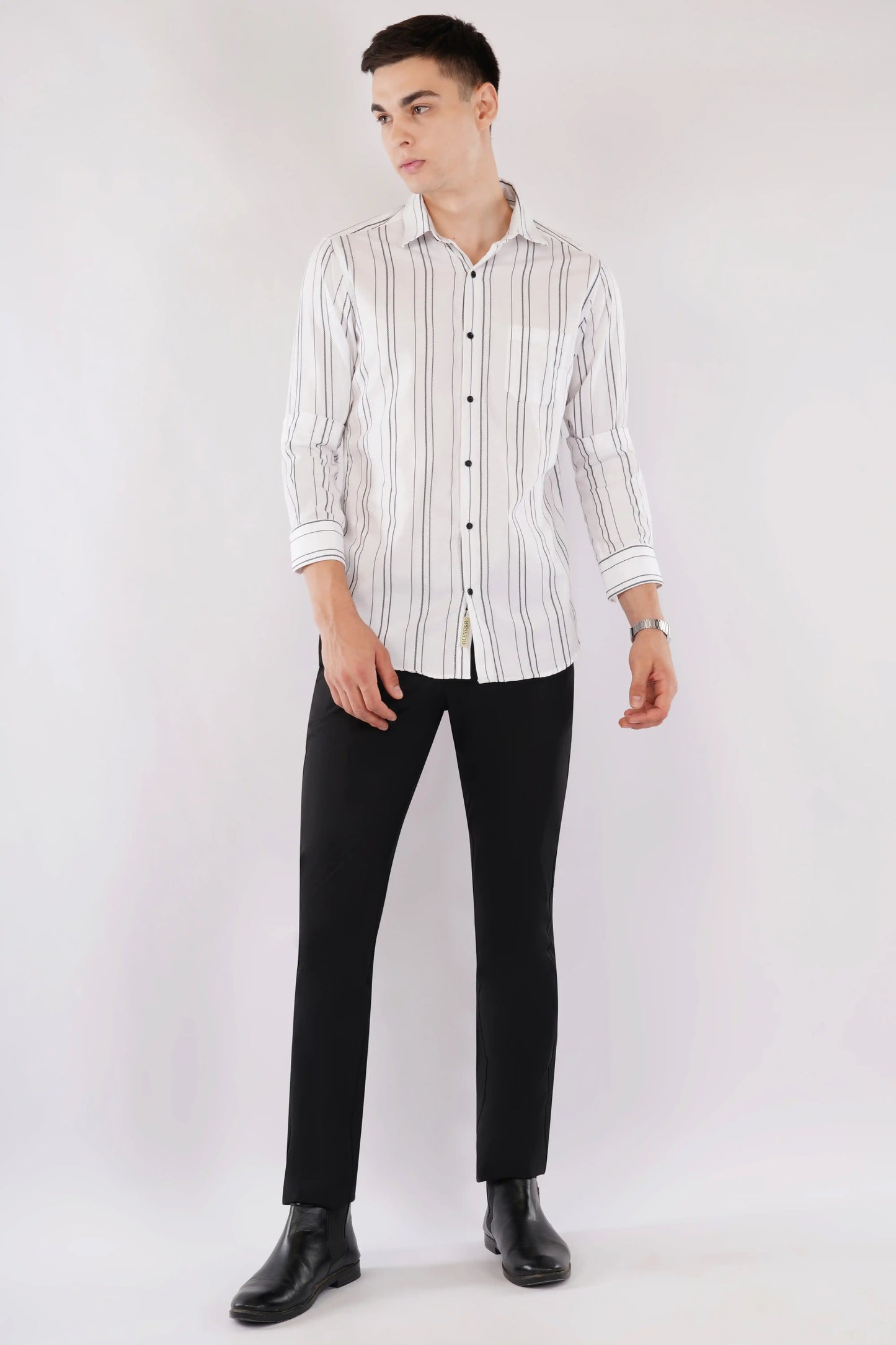 Olevorr Vance premium slim fit striped shirt in white and black — styled look