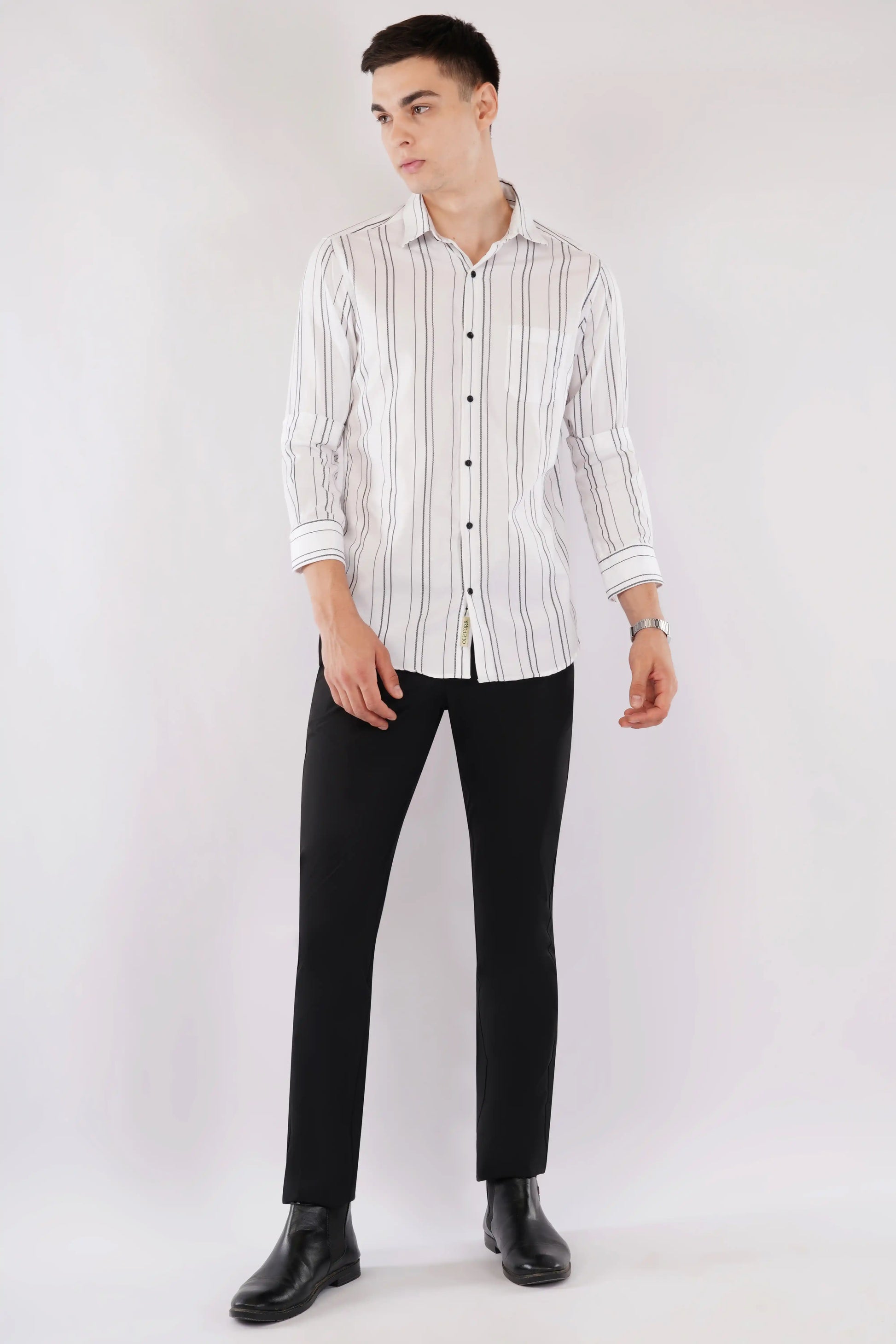Olevorr Vance premium slim fit striped shirt in white and black — styled look