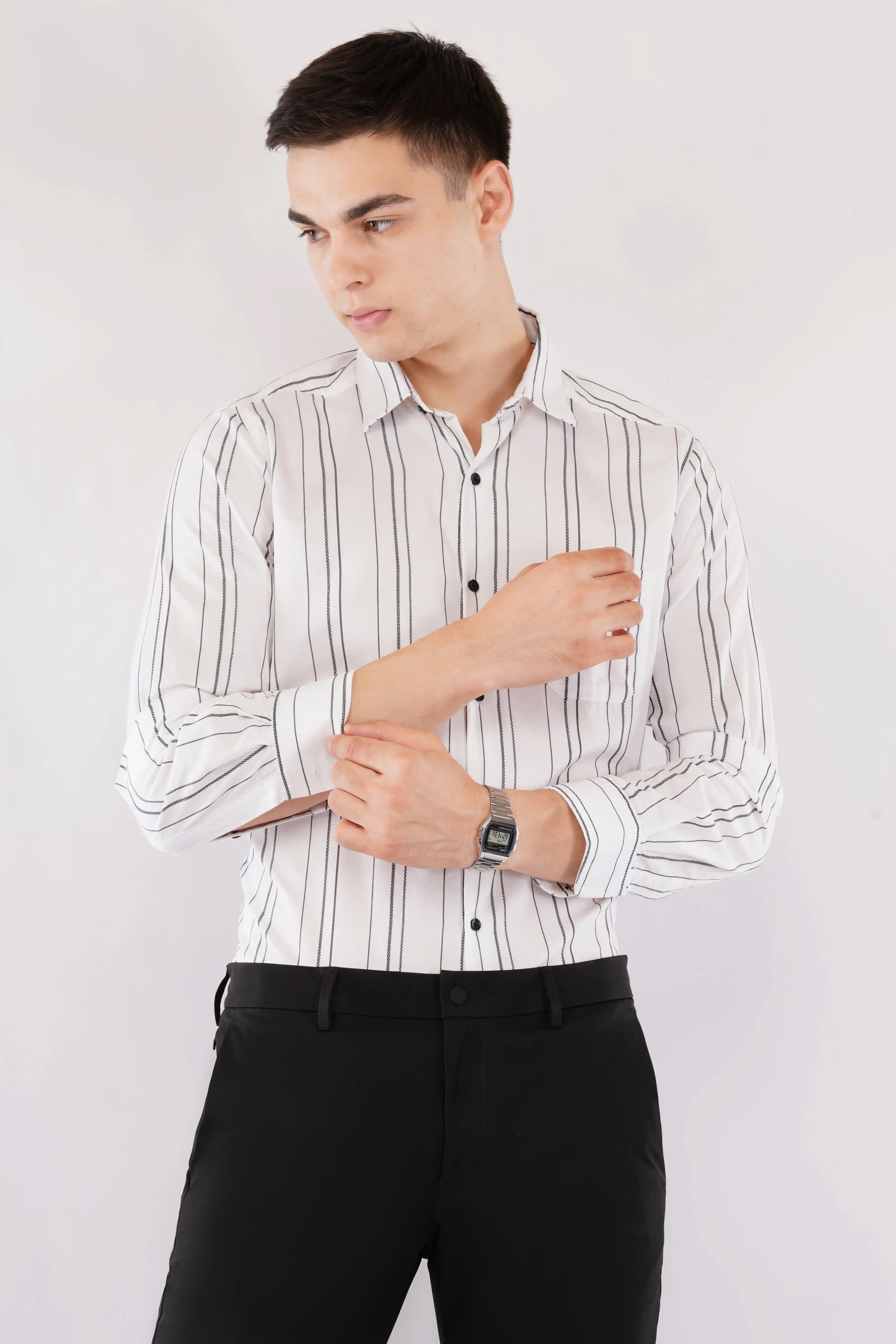 Olevorr Vance white slim fit full sleeve shirt with black stripes — front view