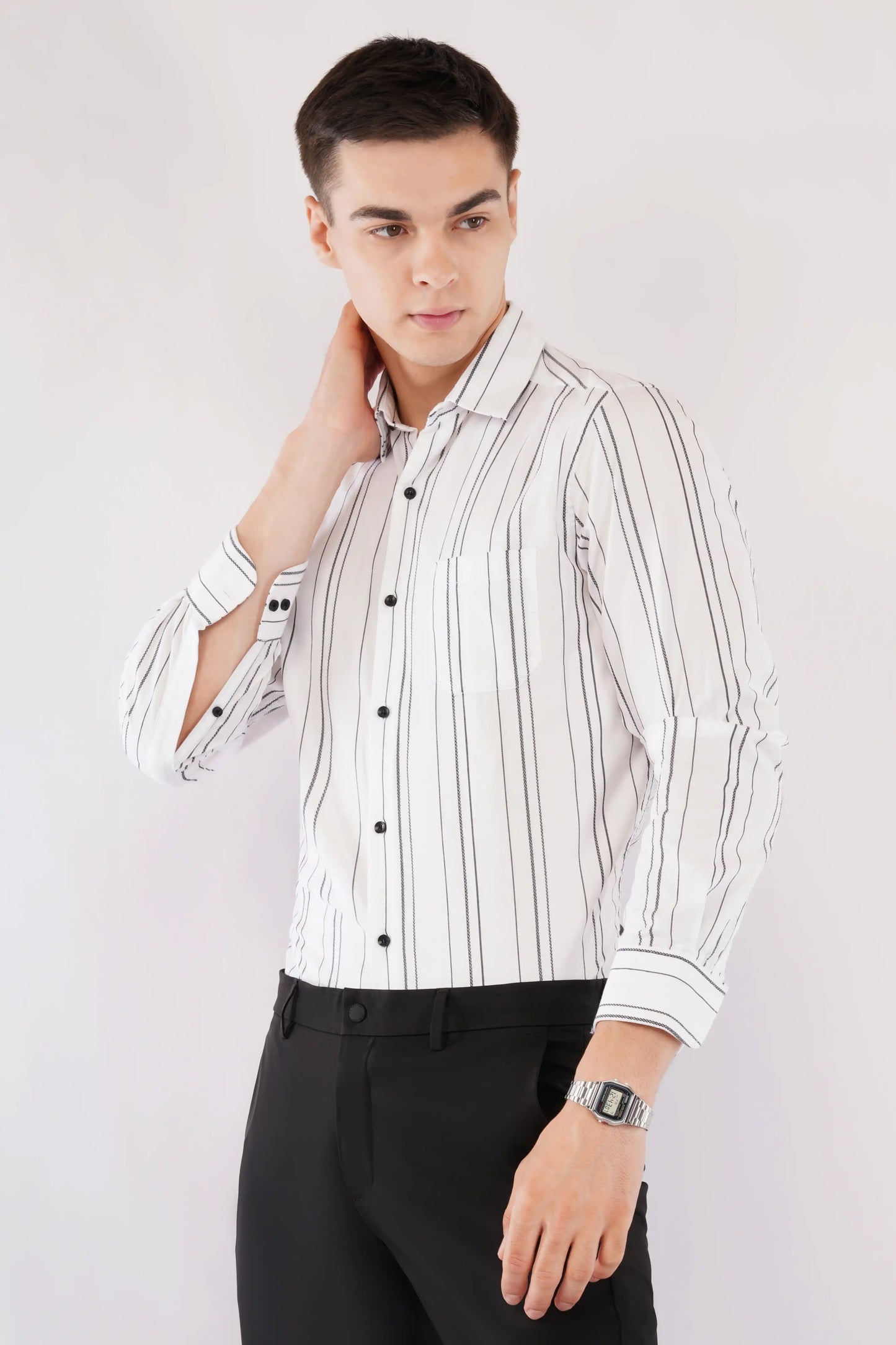 Olevorr Vance white and black striped slim fit shirt — left view