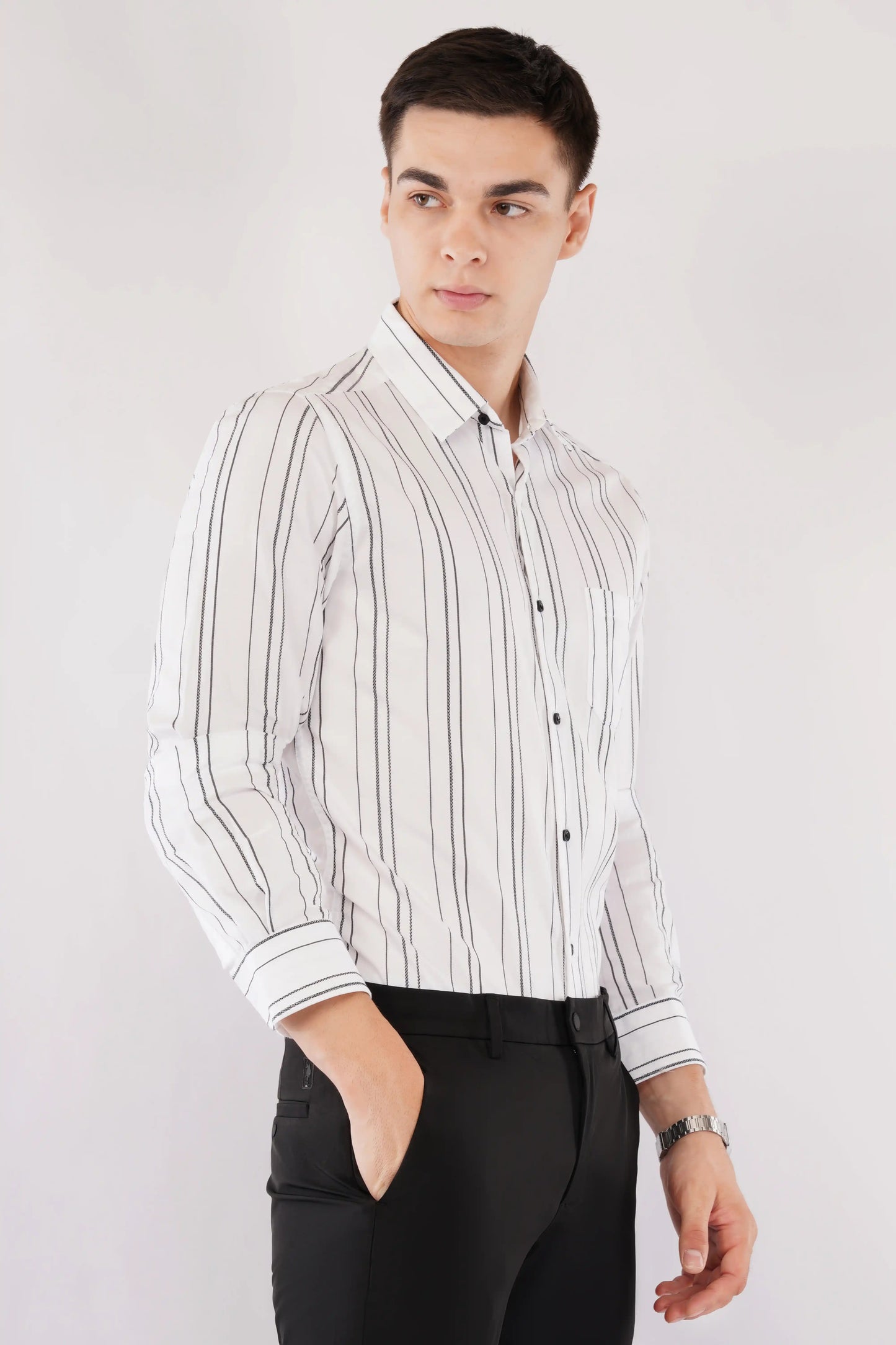 Vance slim fit men’s white shirt with black stripes — right side