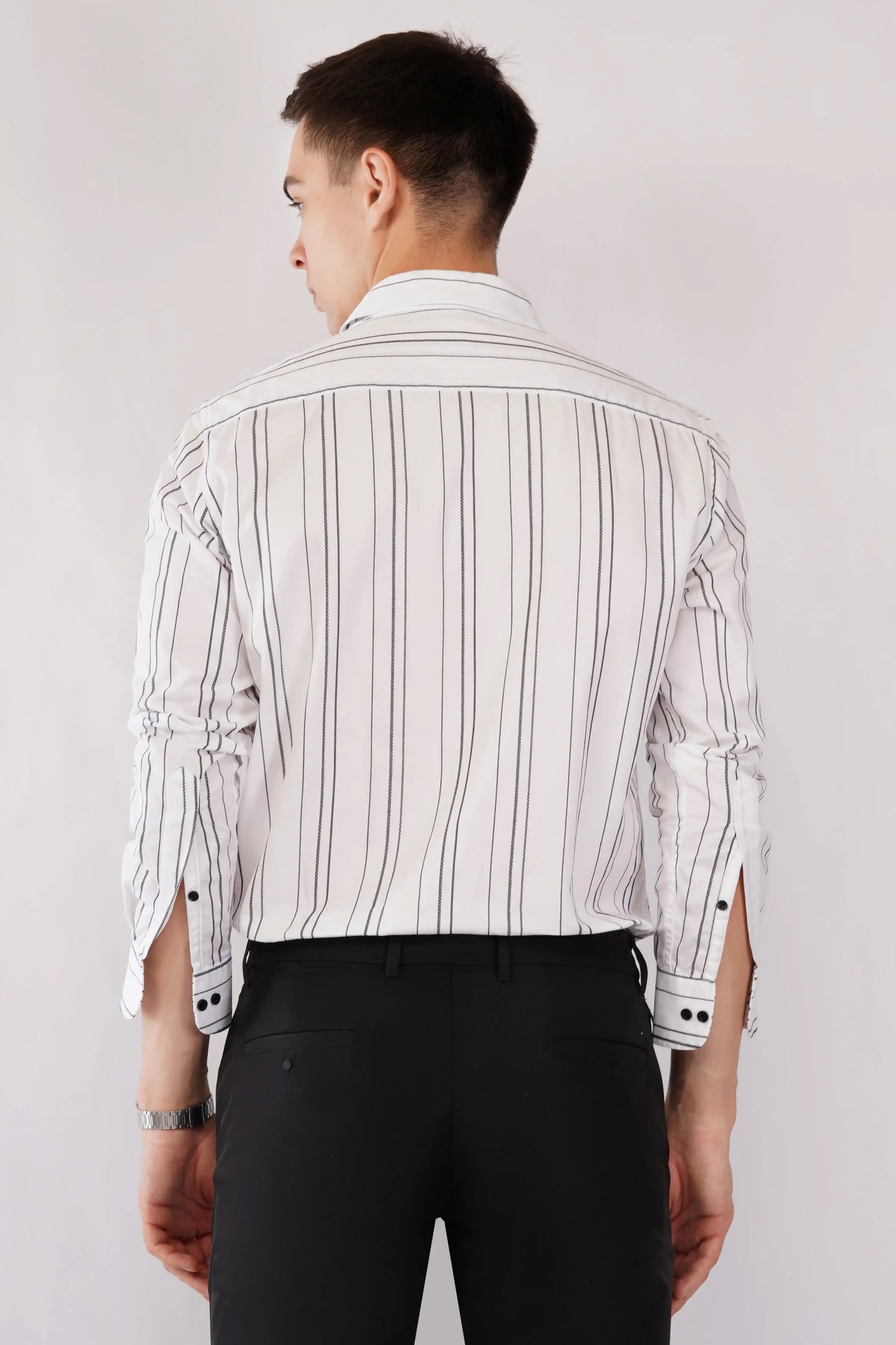 White slim fit striped full sleeve shirt with black detail — Olevorr Vance back view