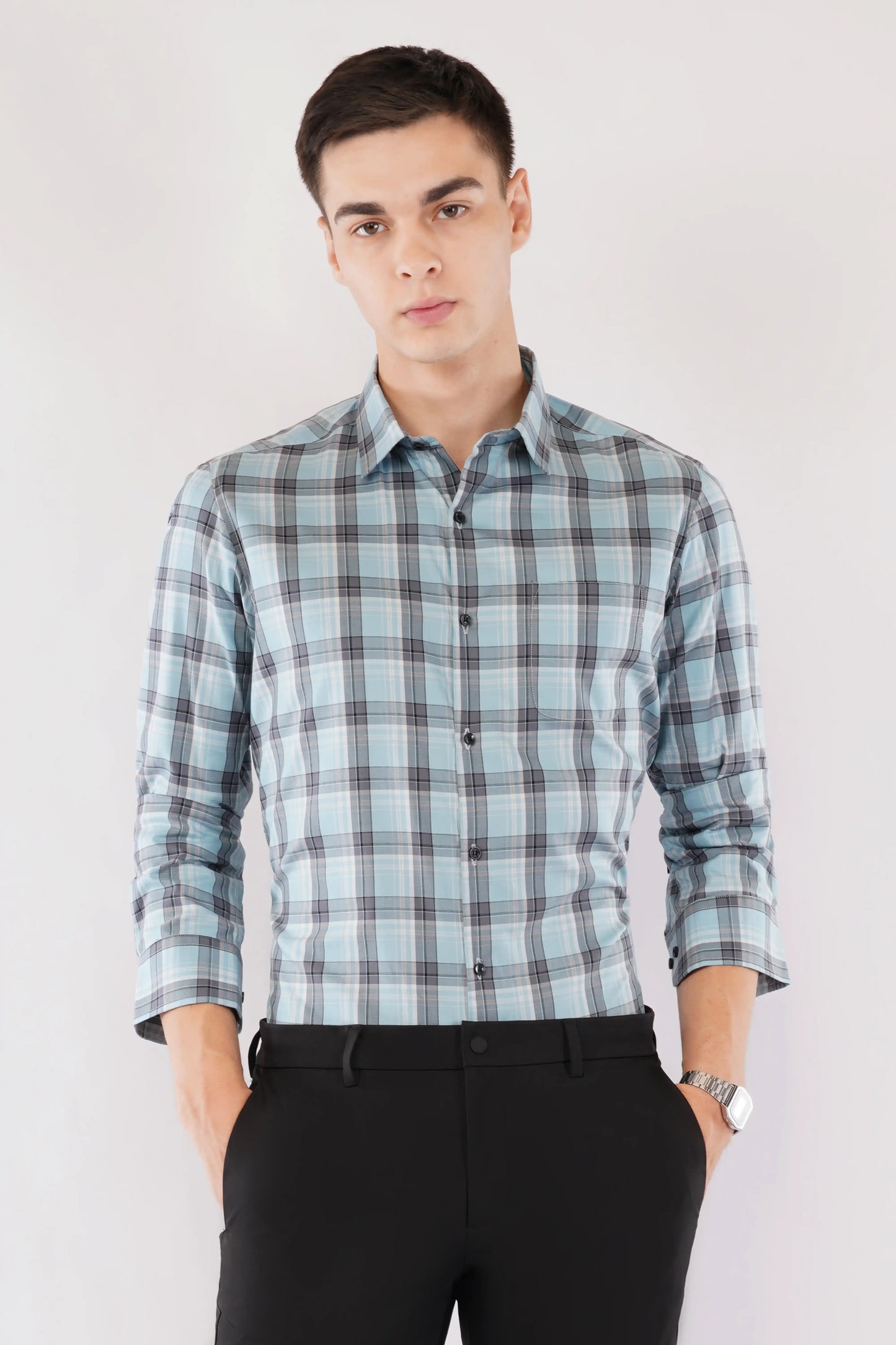 Olevorr Kieran classic blue checkered slim fit full sleeve shirt — front view