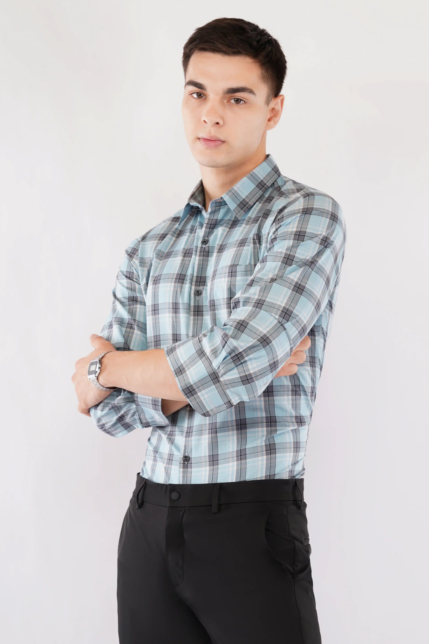 Olevorr Kieran slim fit full sleeve classic checkered shirt in blue — left view