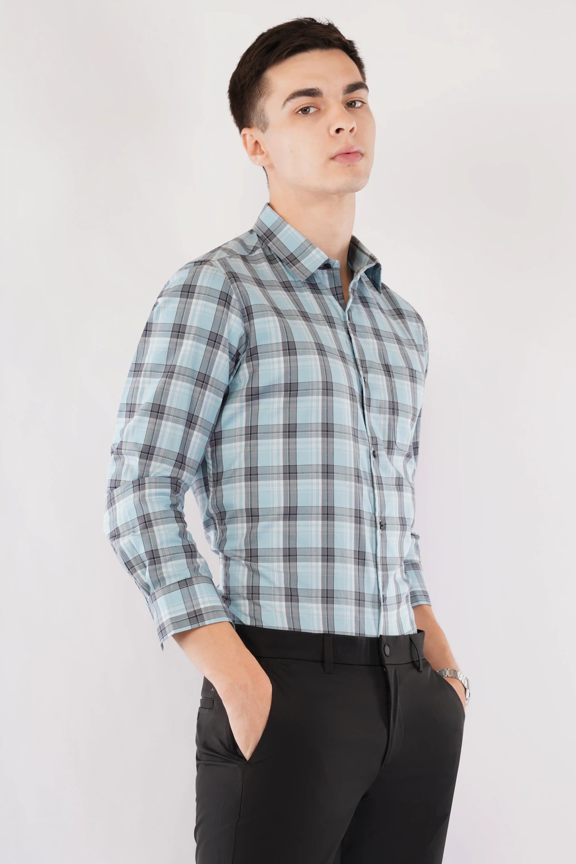 Kieran slim fit men’s blue checkered shirt — right side
