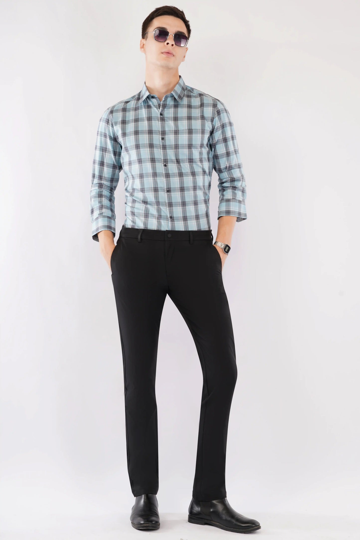 Olevorr Kieran blue slim fit checkered shirt — styled look