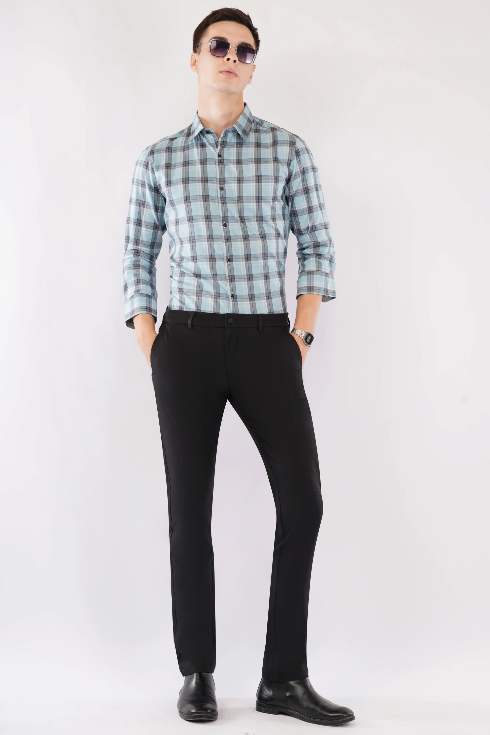 Olevorr Kieran blue slim fit checkered shirt — styled look