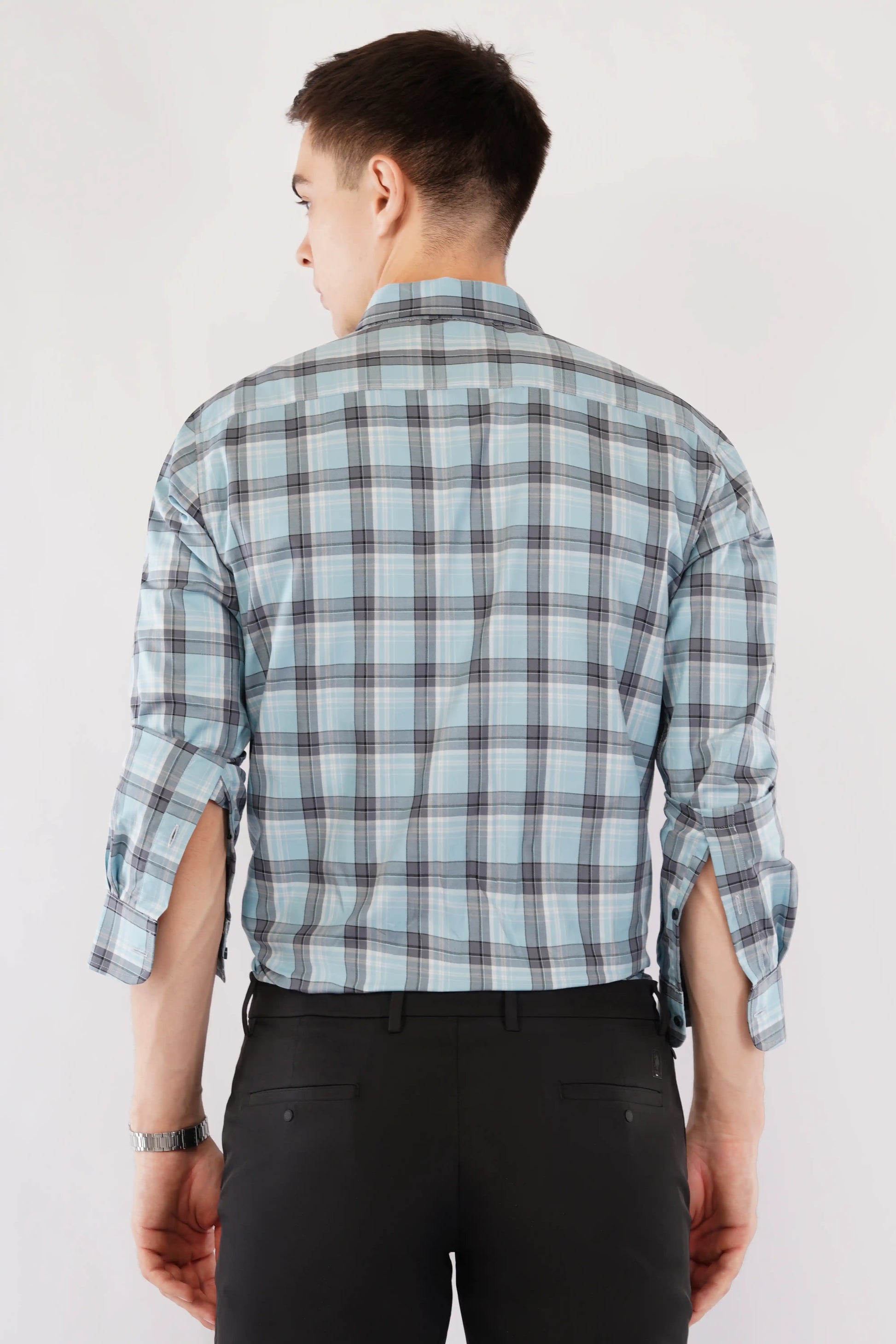 Classic blue checkered slim fit full sleeve men’s shirt by Olevorr — back view