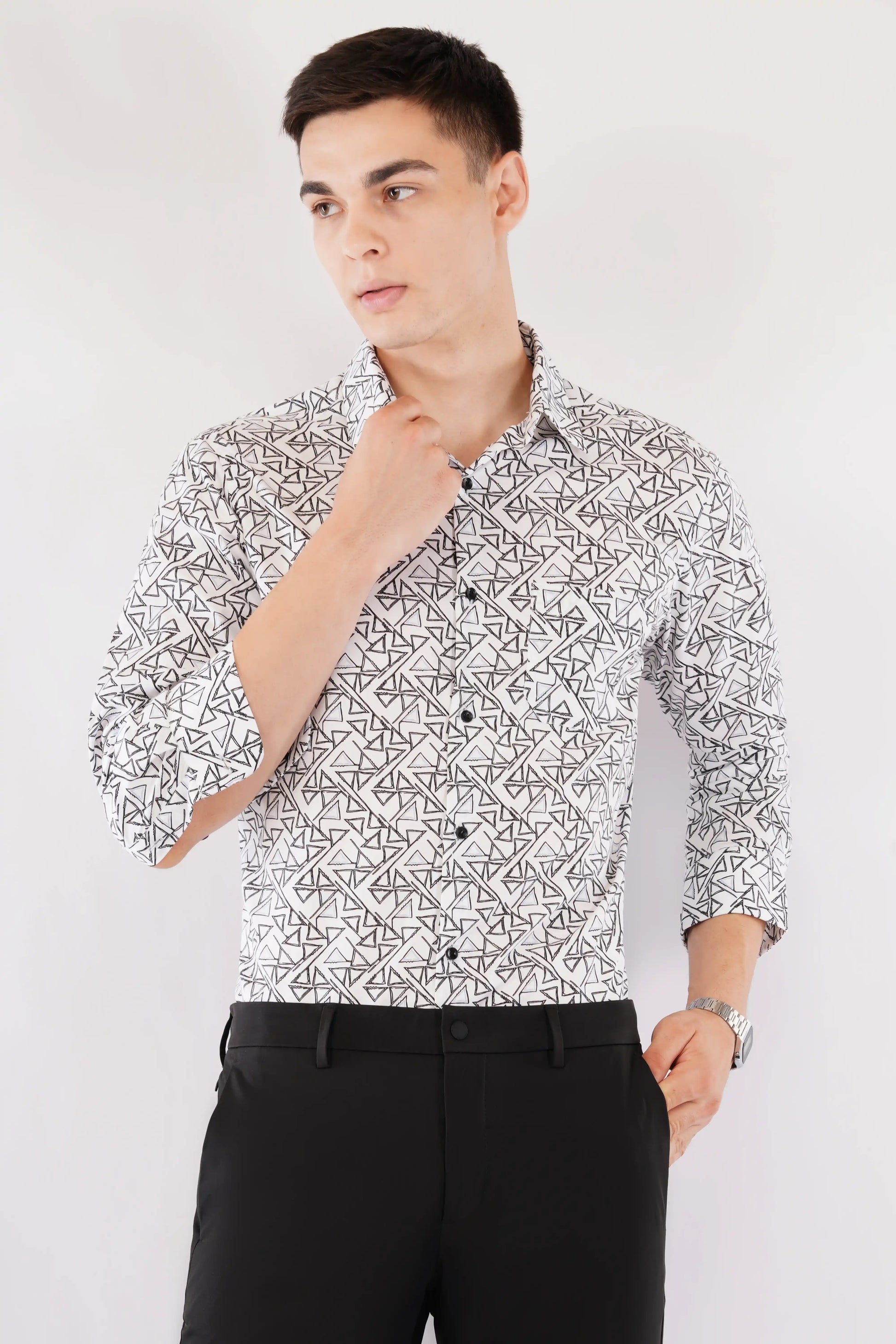 Olevorr Kade black geometric print slim fit full sleeve shirt — front view