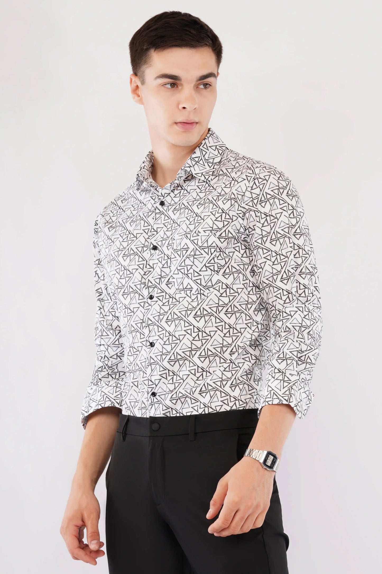 Kade slim fit men’s black geometric printed shirt — right side