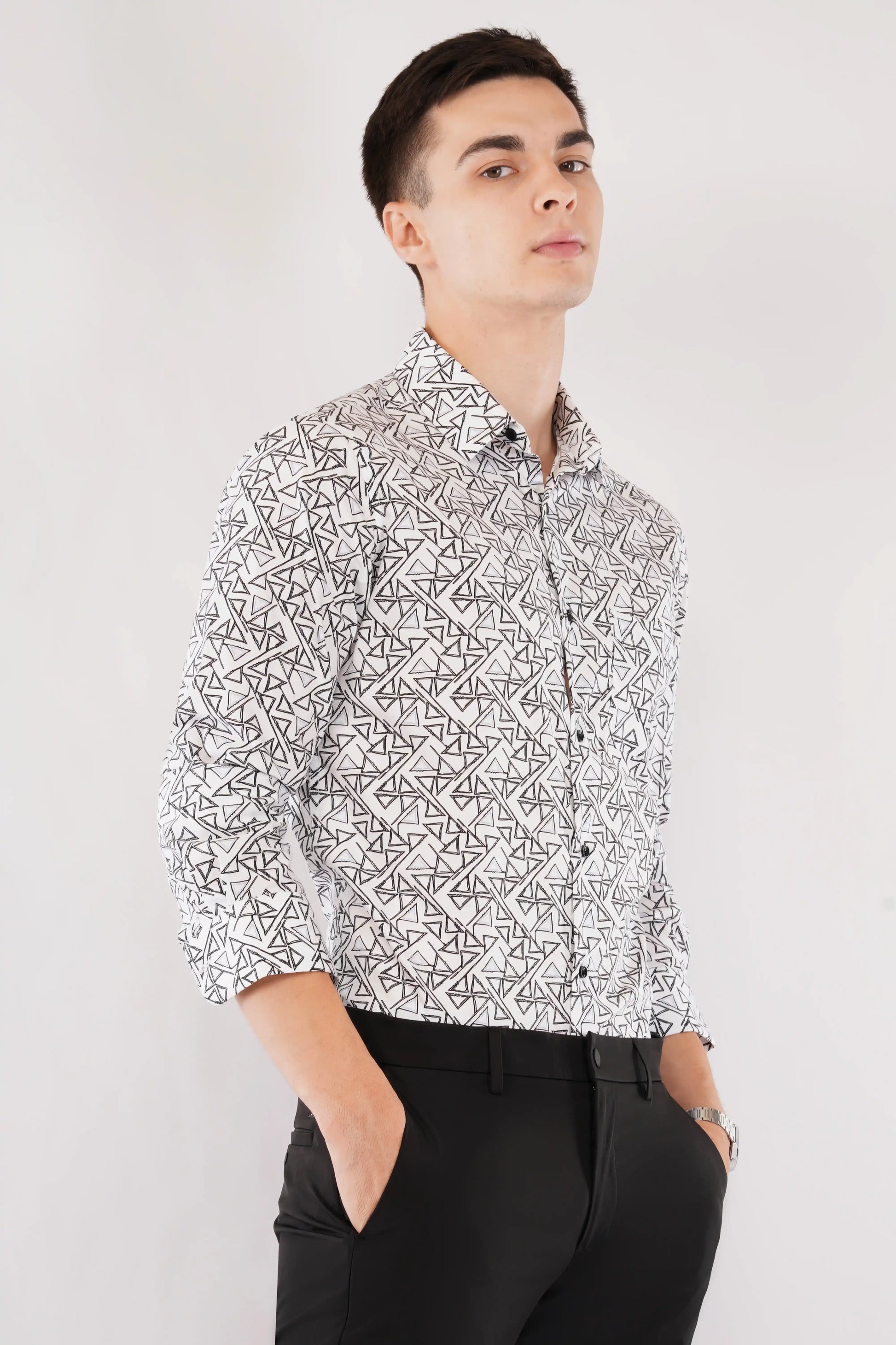 Kade slim fit men’s black geometric printed shirt — right side