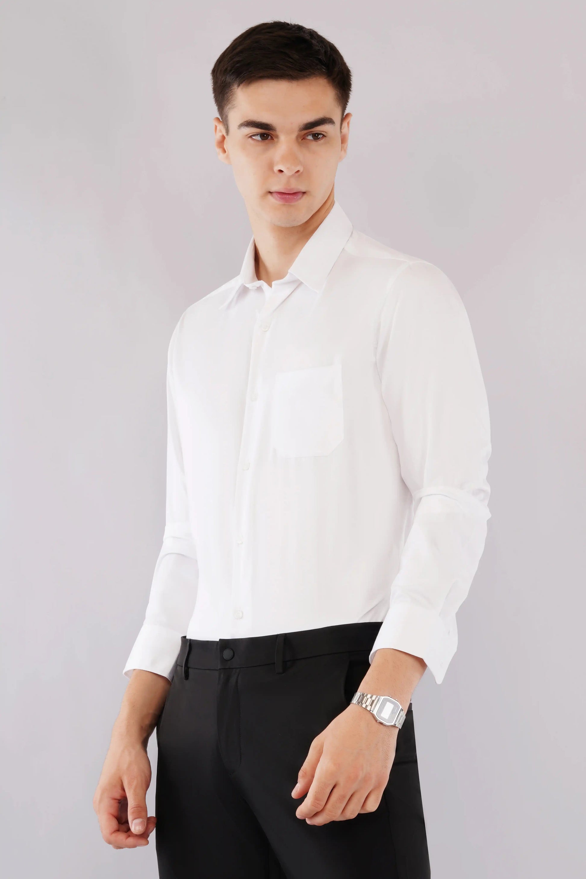 Olevorr Eamon slim fit silky striped shirt for men — left view
