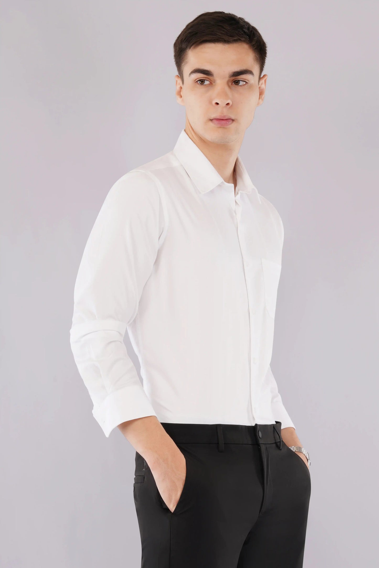Eamon slim fit men’s striped shirt in silky white — right side