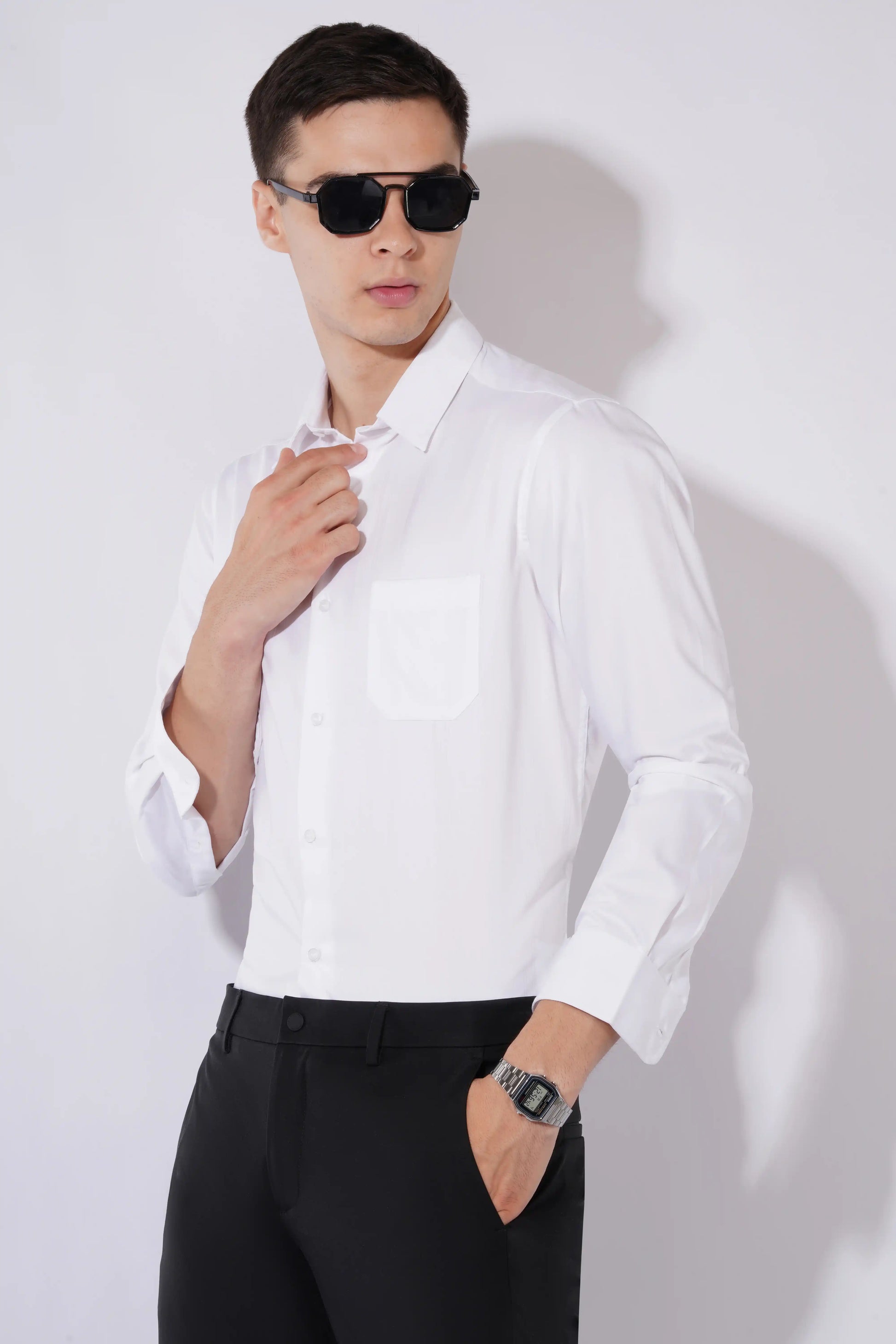 Olevorr Eamon silky white striped slim fit full sleeve shirt — front view
