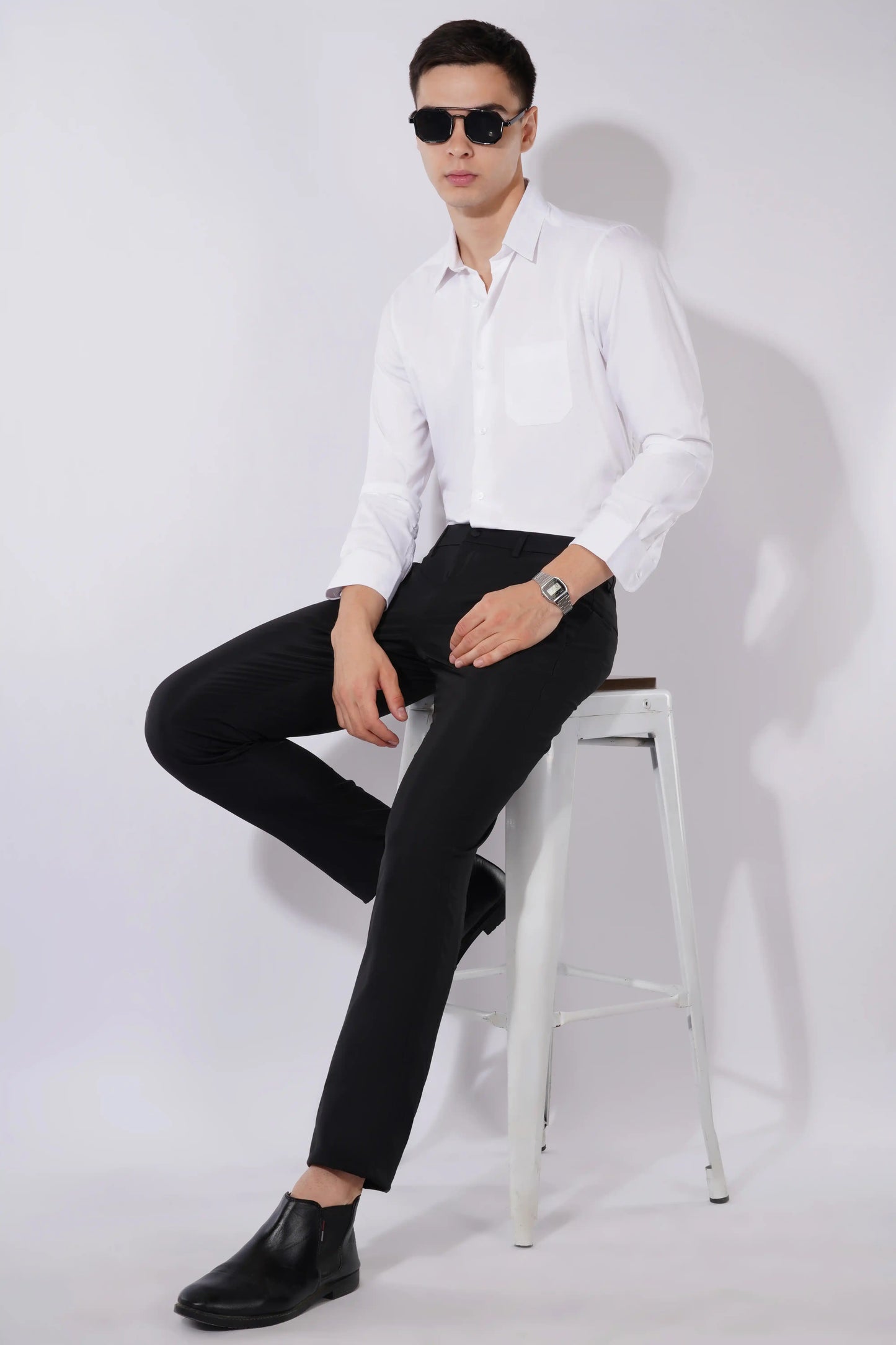 Olevorr Eamon men’s slim fit striped silky shirt — styled look sitting