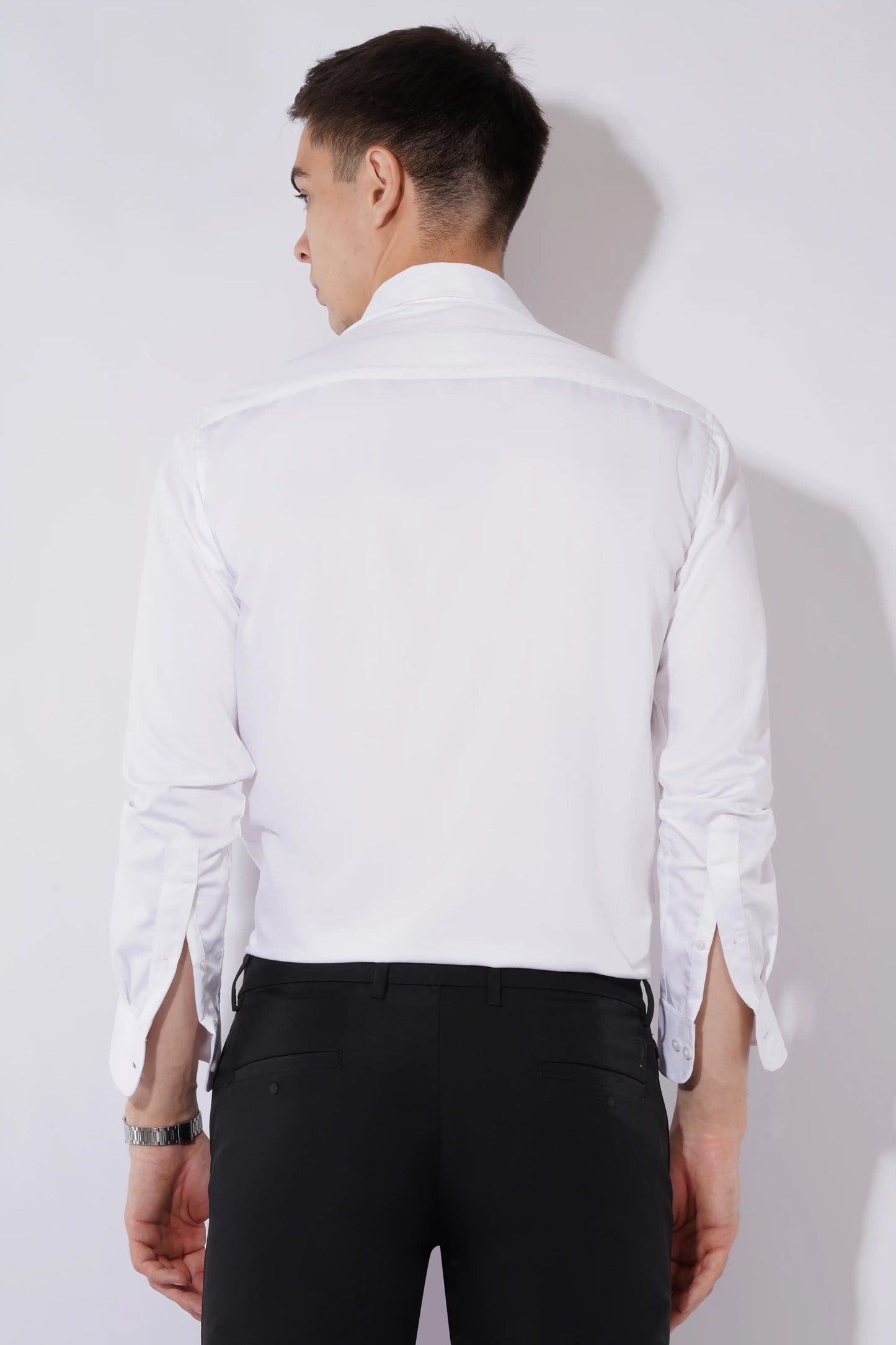 Silky white striped slim fit full sleeve men’s shirt by Olevorr — back view