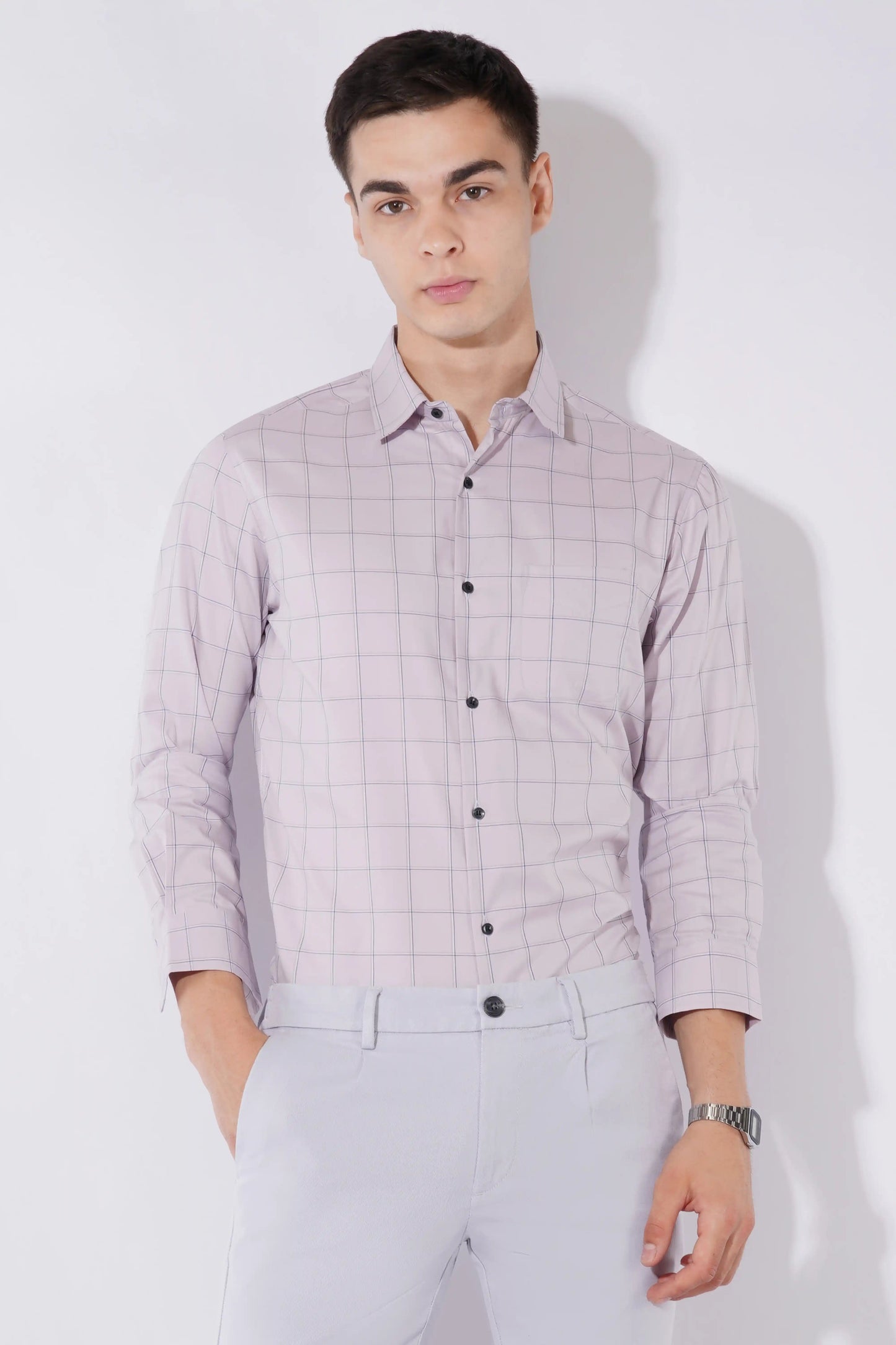 Olevorr Blaine lotus beige cotton slim fit full sleeve shirt — front view