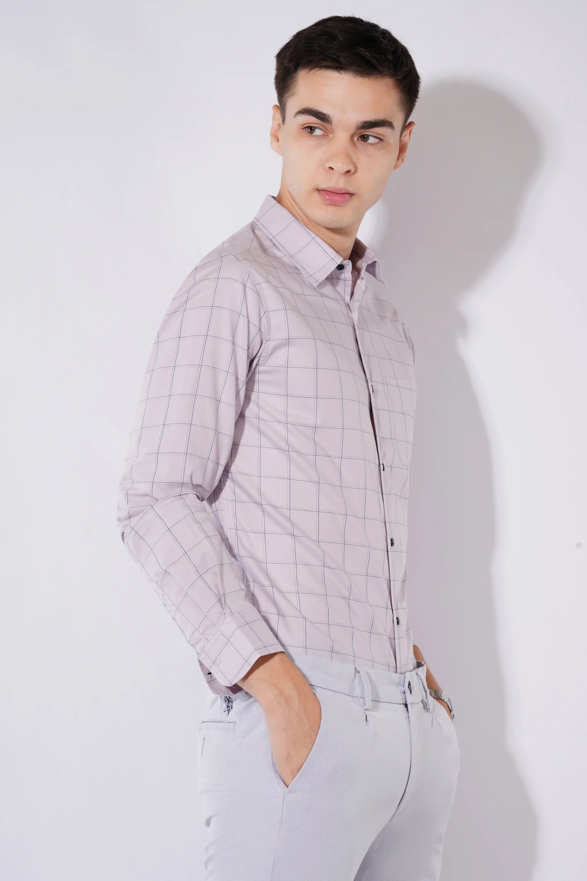 Blaine slim fit men’s cotton shirt in lotus beige — right side