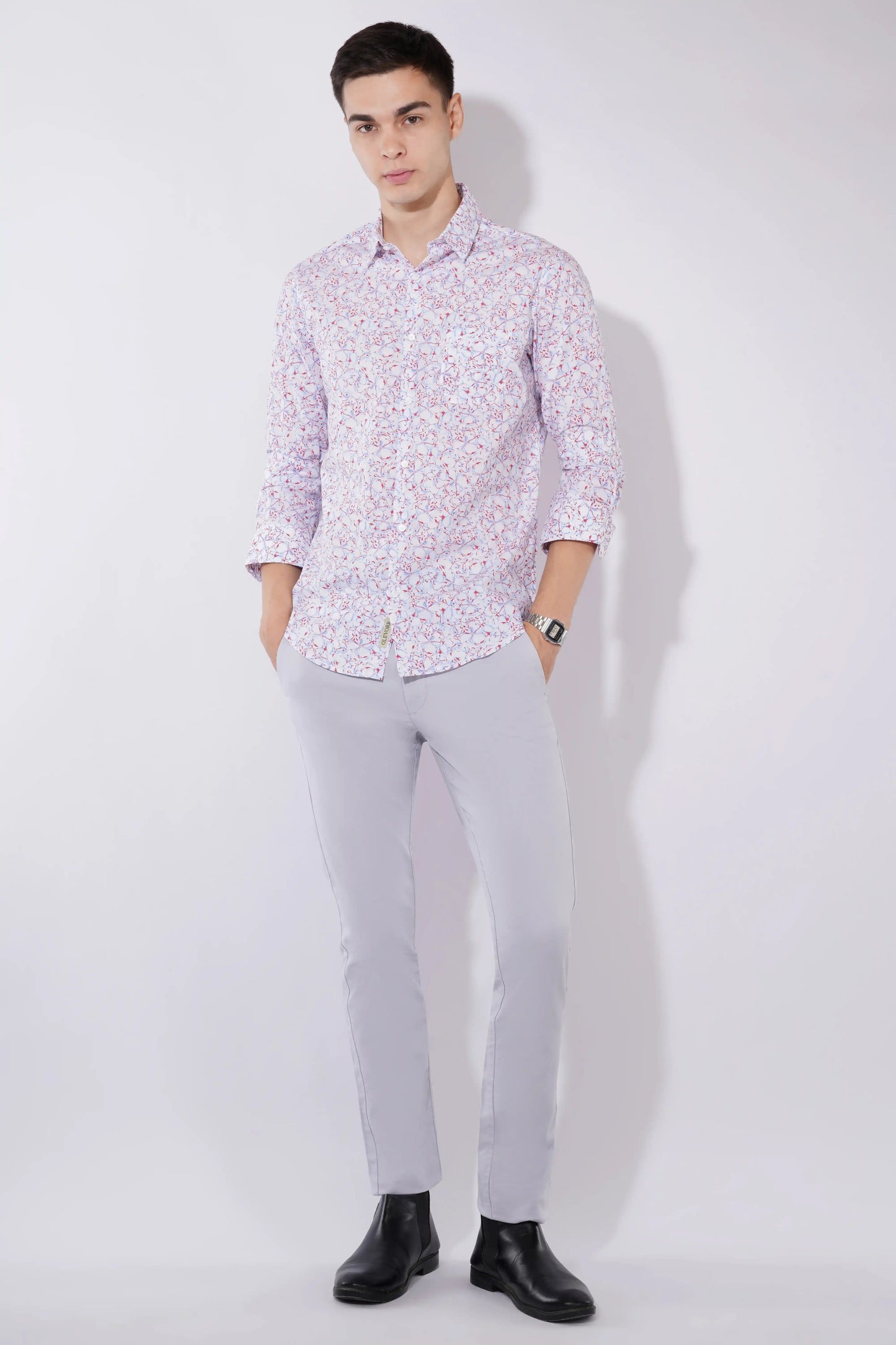 Olevorr Jace soft red slim fit printed full sleeve shirt — front view