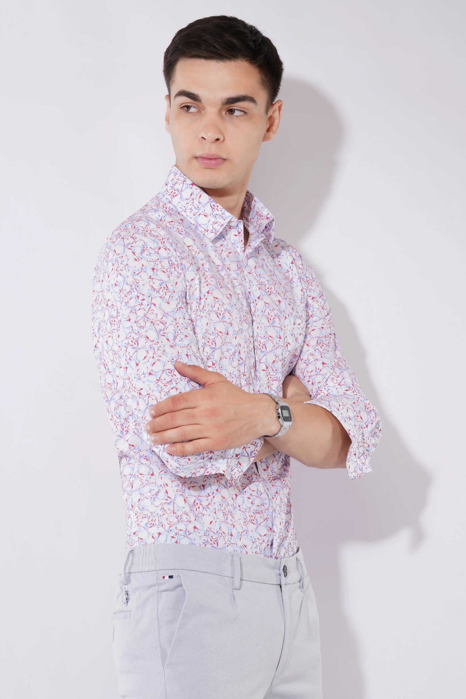 Jace slim fit men’s printed shirt in soft red — right side