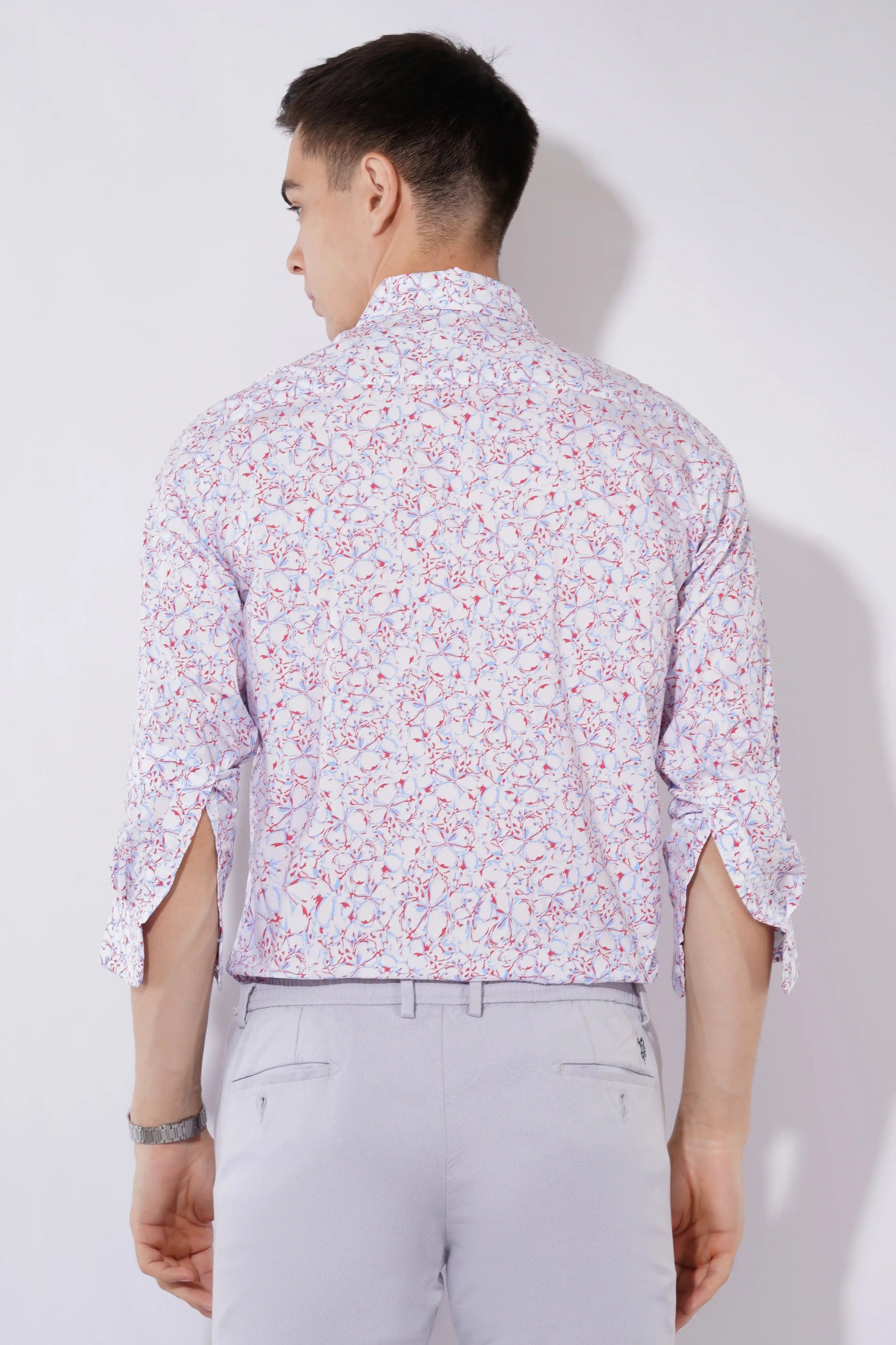 Soft red slim fit printed men’s shirt by Olevorr — back view