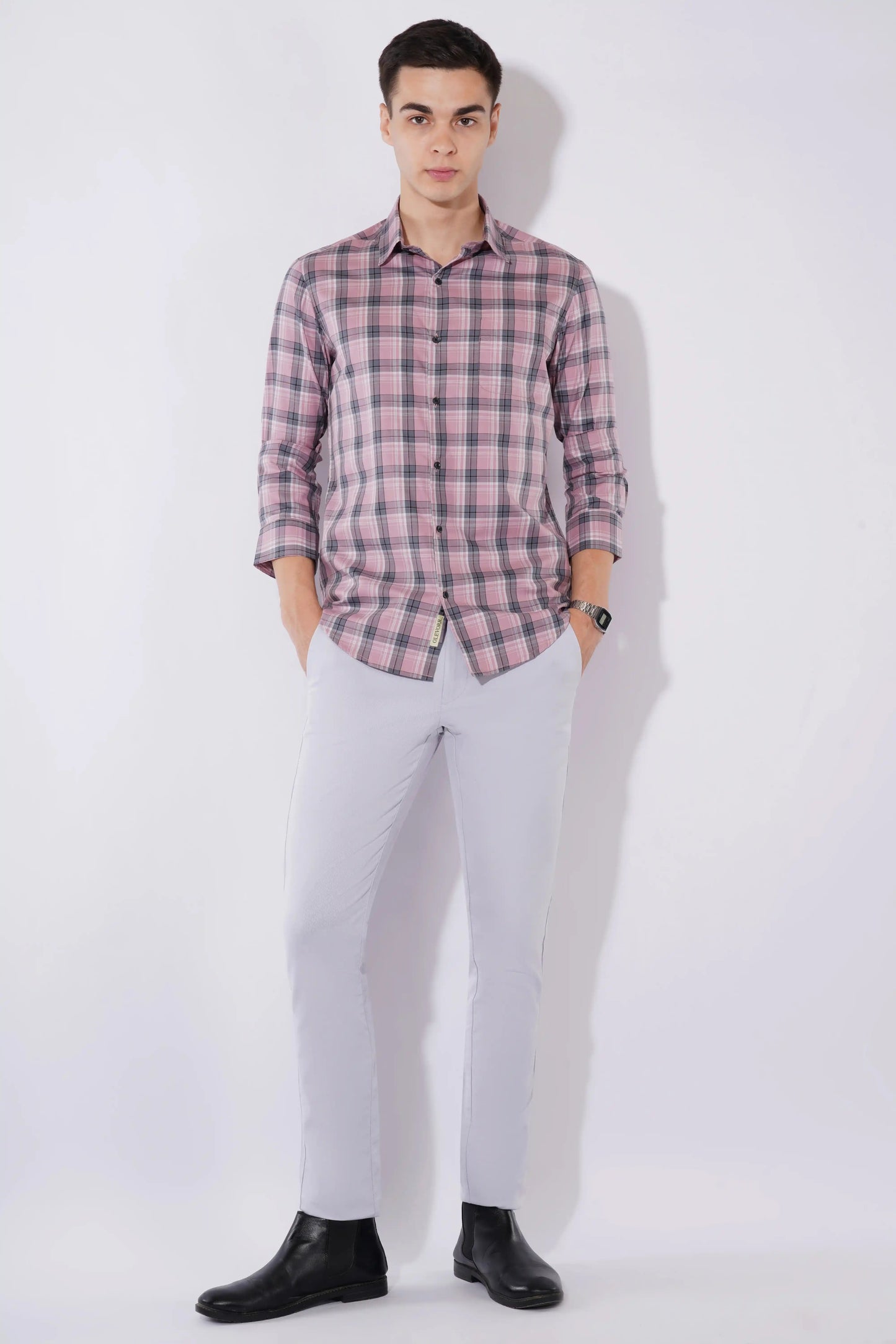 Premium slim fit full sleeve checked shirt in lotus pink and grey — Olevorr Alistair