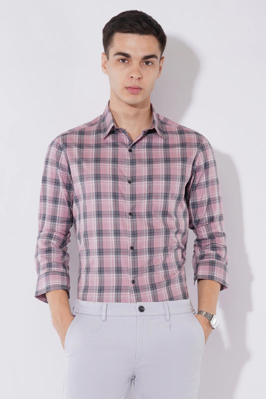 Olevorr Alistair lotus pink and grey checked slim fit full sleeve shirt — front view