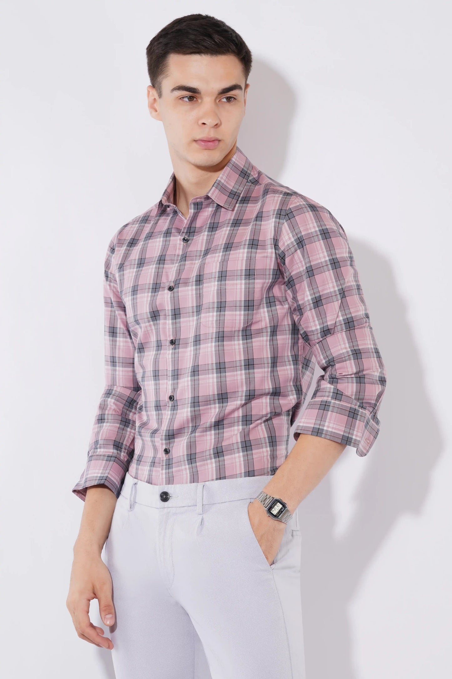 Olevorr Alistair slim fit full sleeve check shirt for men — left view