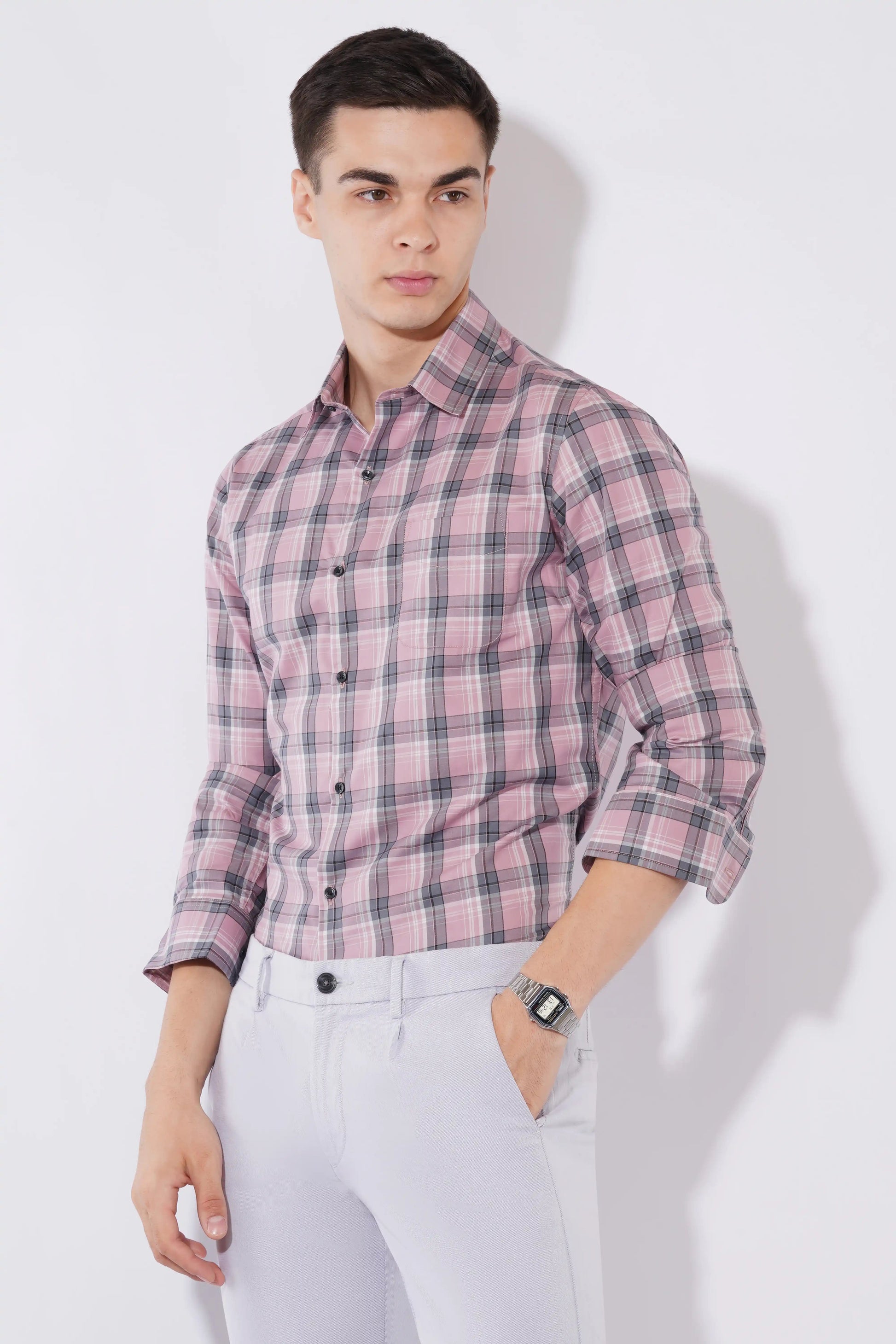 Olevorr Alistair slim fit full sleeve check shirt for men — left view