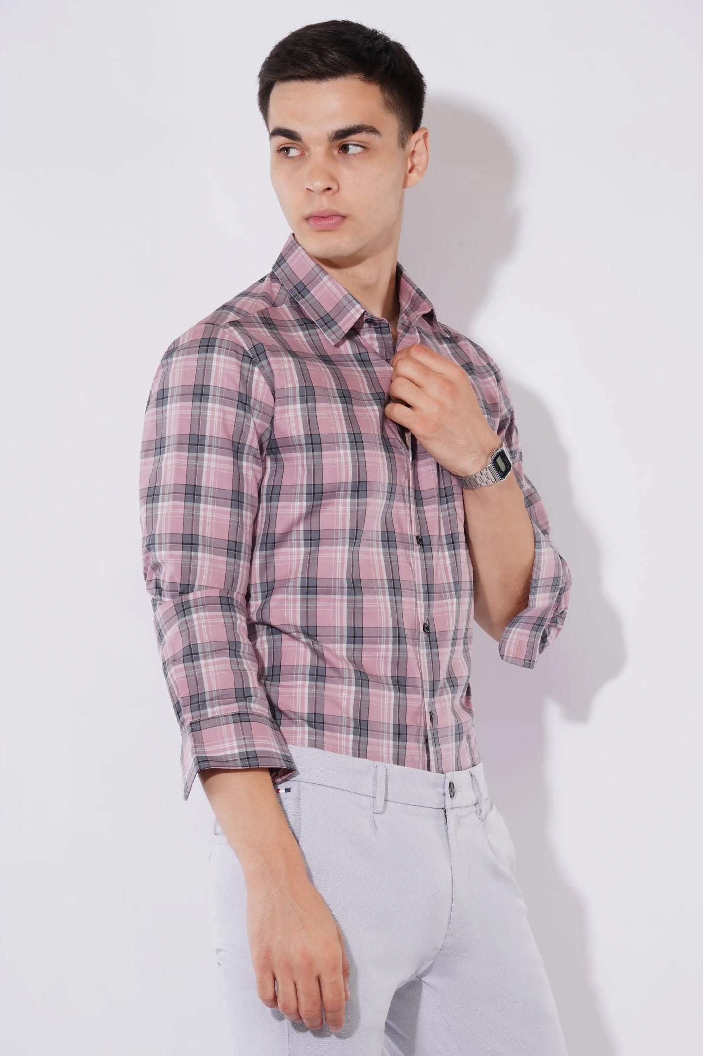 Alistair slim fit men’s checked shirt in lotus pink and grey — right side