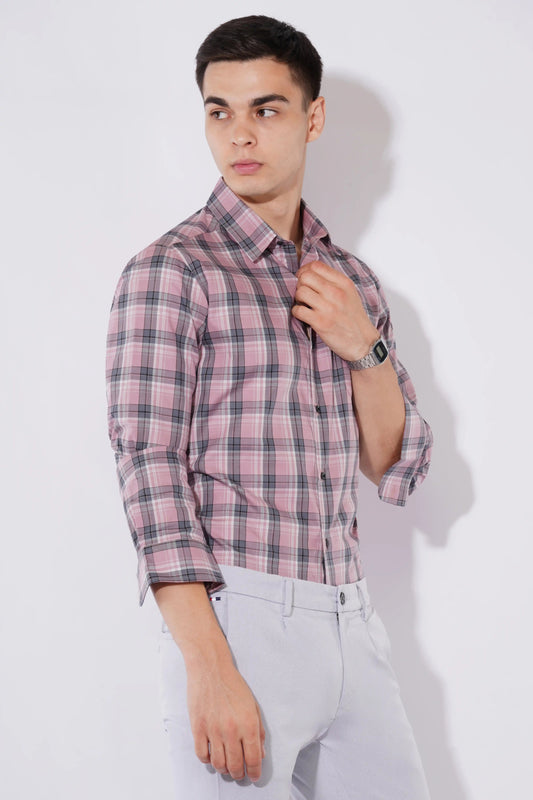 Alistair slim fit men’s checked shirt in lotus pink and grey — right side
