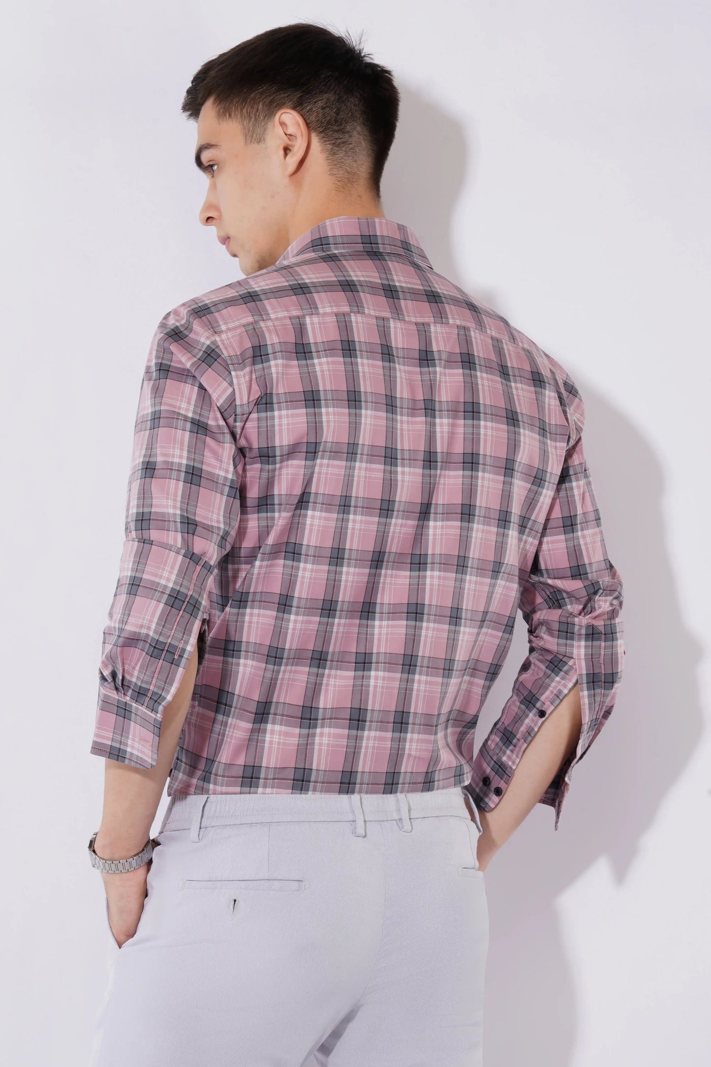 Lotus pink grey checked slim fit men’s shirt by Olevorr — back view