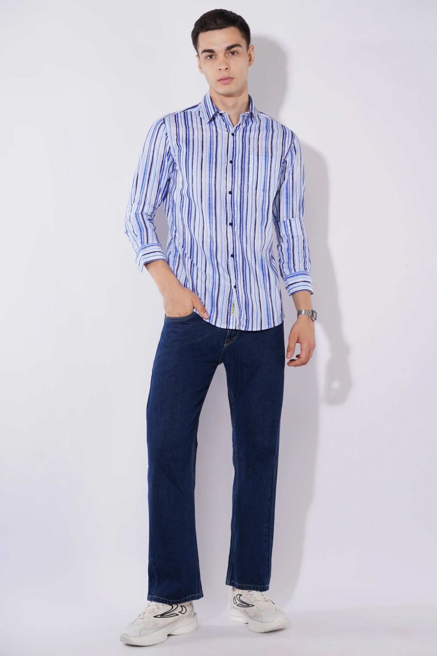 Olevorr Adrian men’s slim fit full sleeve shirt in blue white stripes — styled look