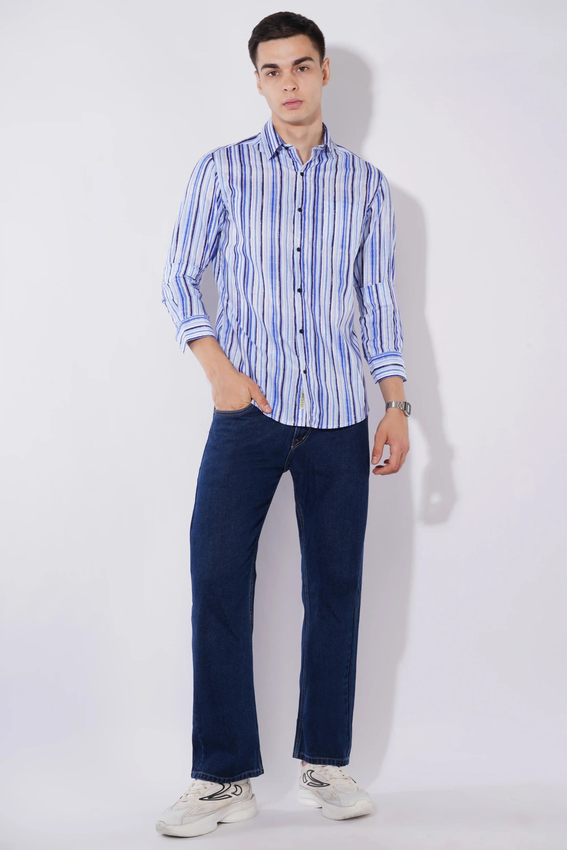 Olevorr Adrian men’s slim fit full sleeve shirt in blue white stripes — styled look
