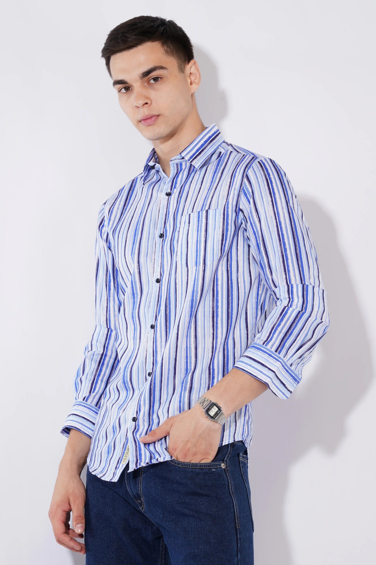 Olevorr Adrian striped slim fit cotton shirt for men — left view