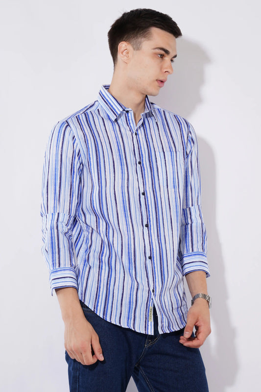 Adrian slim fit men’s shirt in blue white stripes — right side