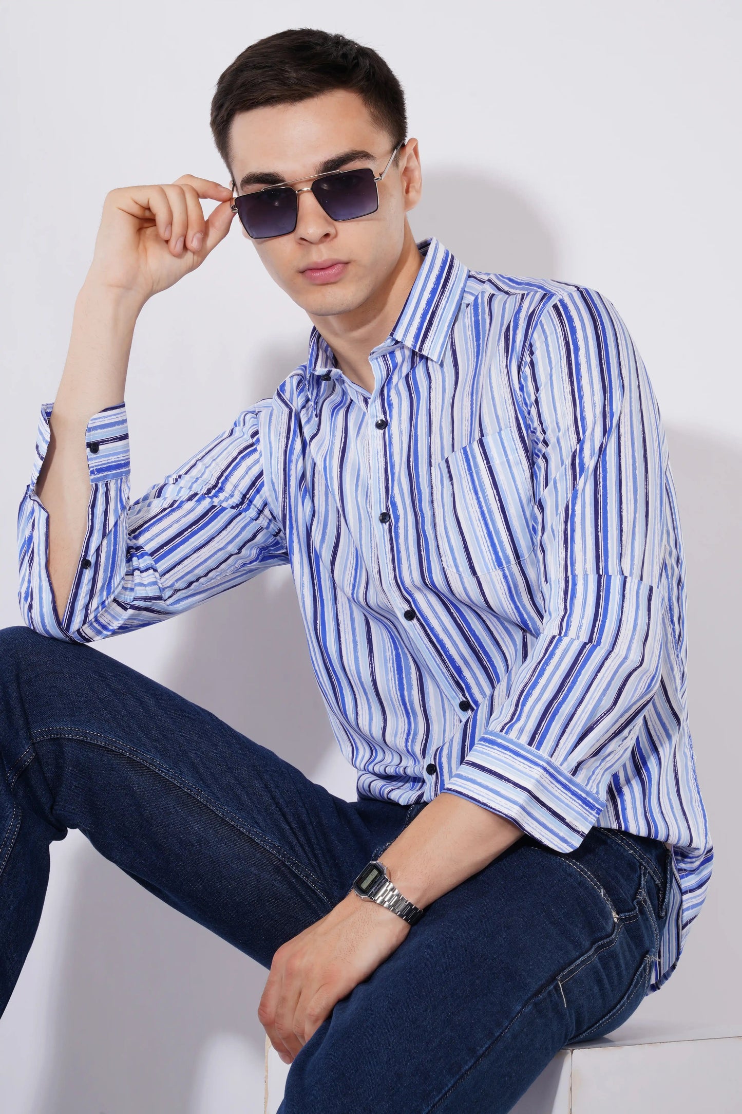 Premium cotton slim fit striped shirt in blue and white — Olevorr Adrian