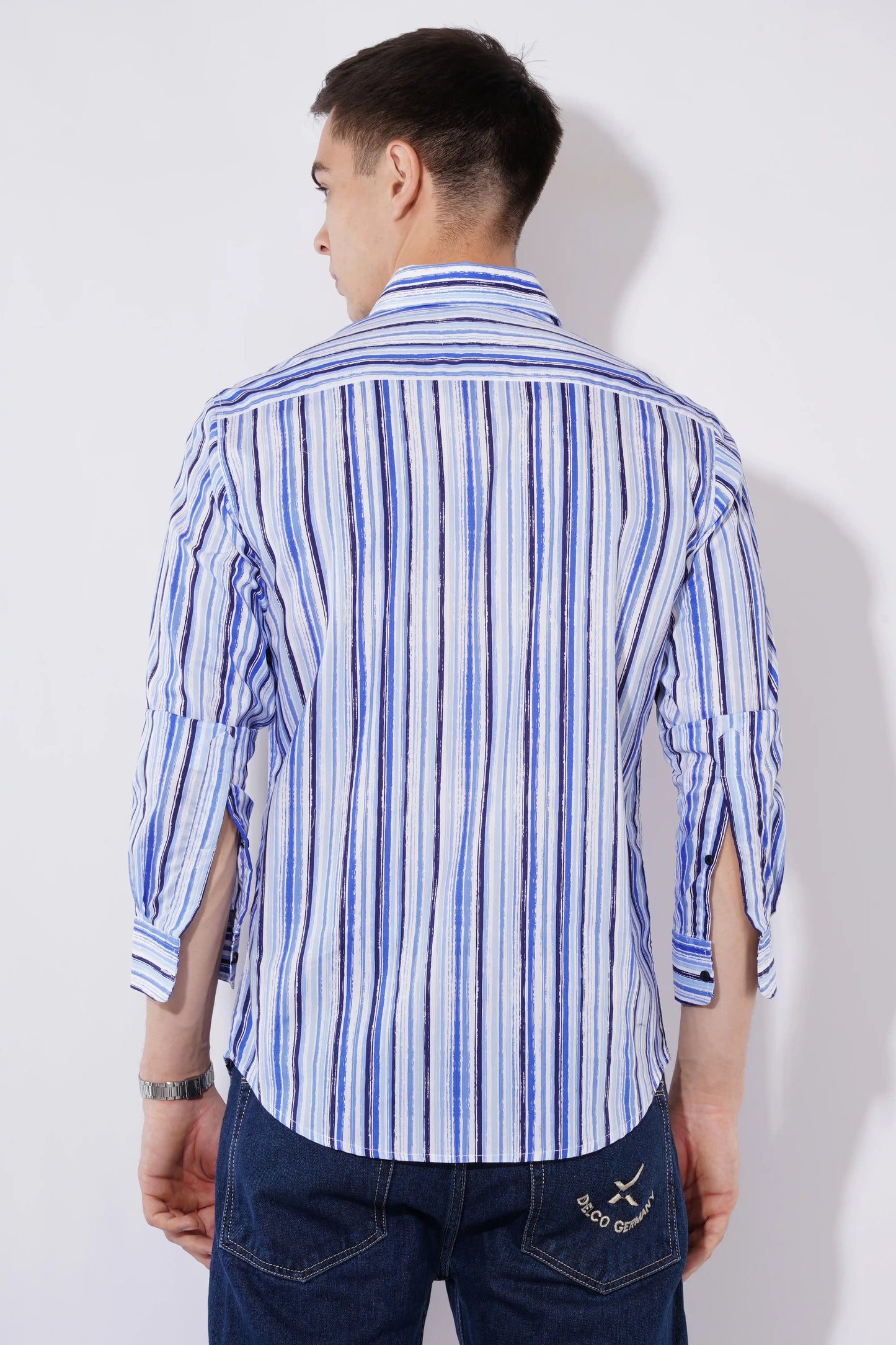 Blue white striped full sleeve slim fit shirt by Olevorr — back view