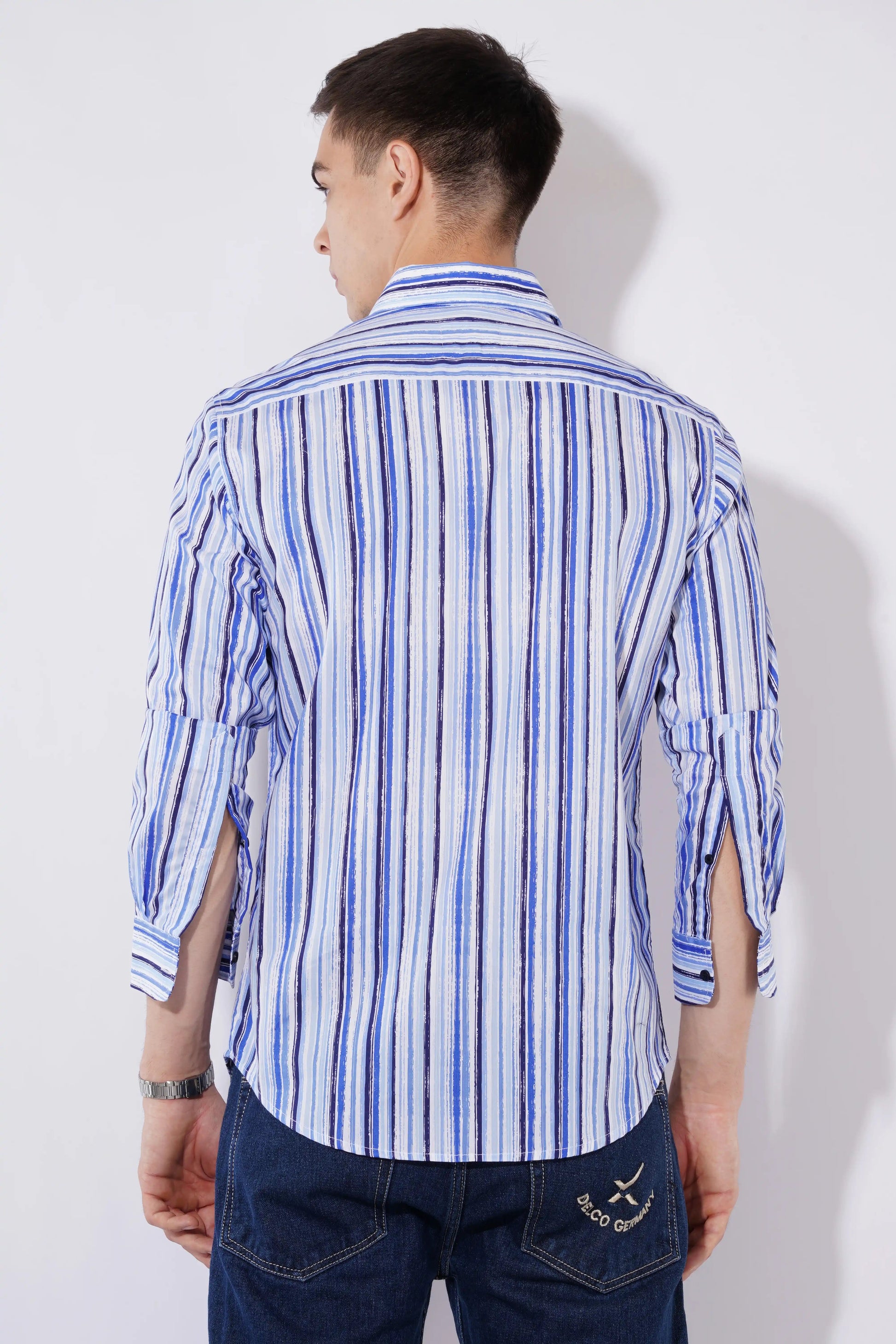 Blue white striped full sleeve slim fit shirt by Olevorr — back view